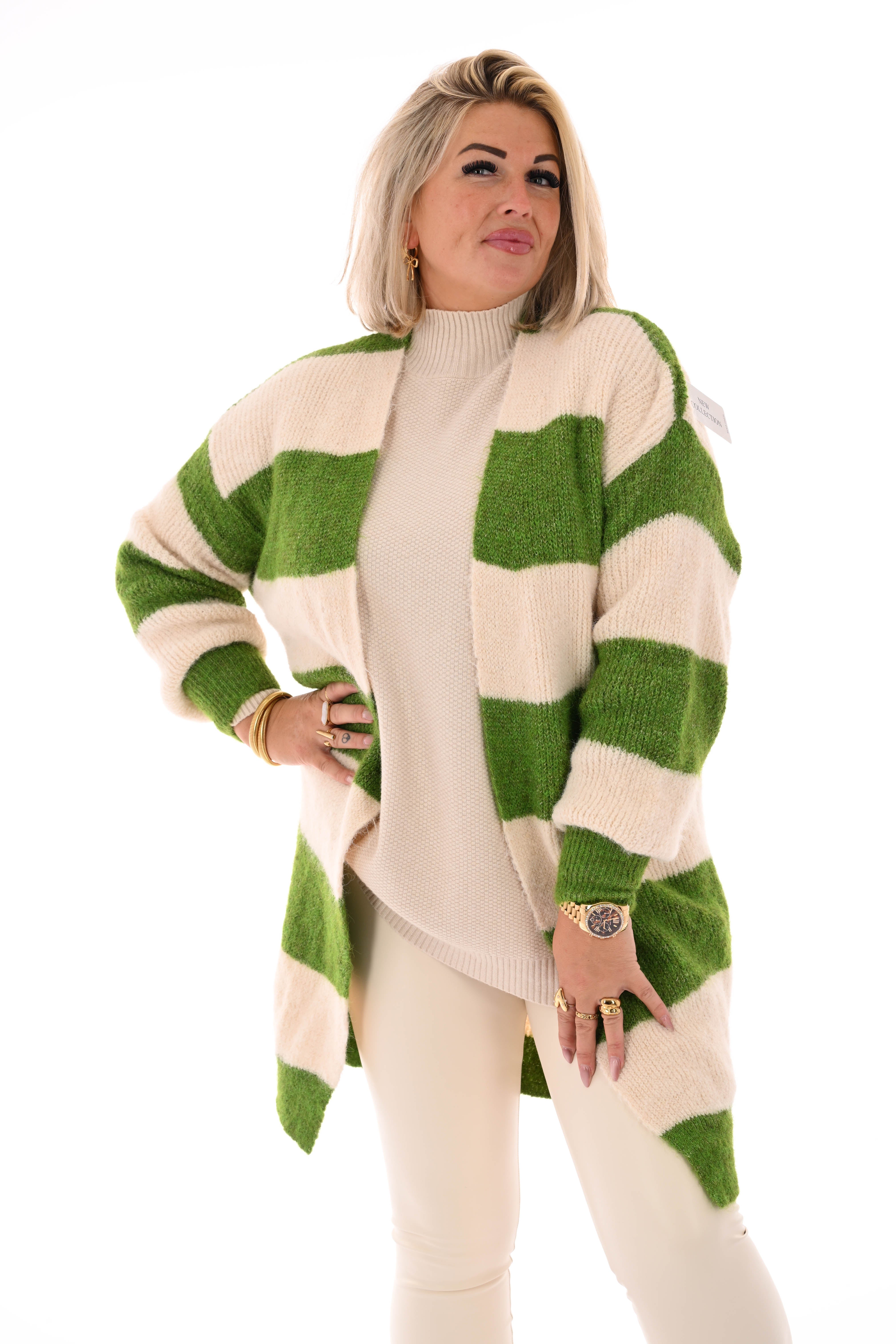 Half lang vest gestreept met pofmouwen groen/roomwit