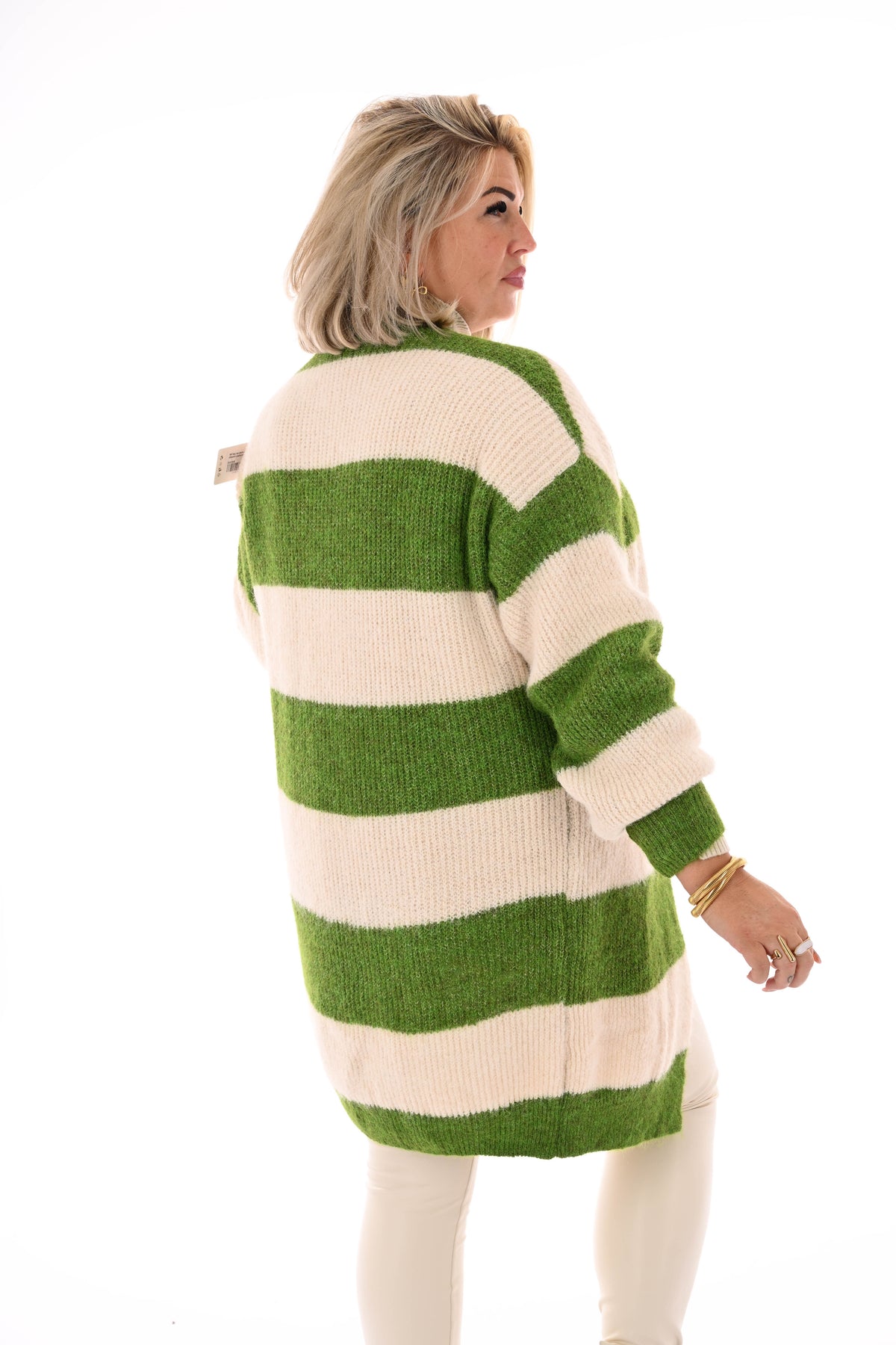 Half lang vest gestreept met pofmouwen groen/roomwit