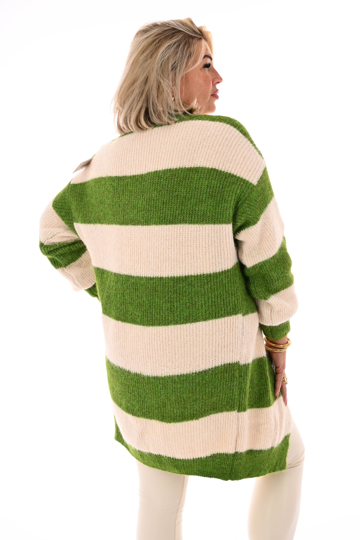 Half lang vest gestreept met pofmouwen groen/roomwit