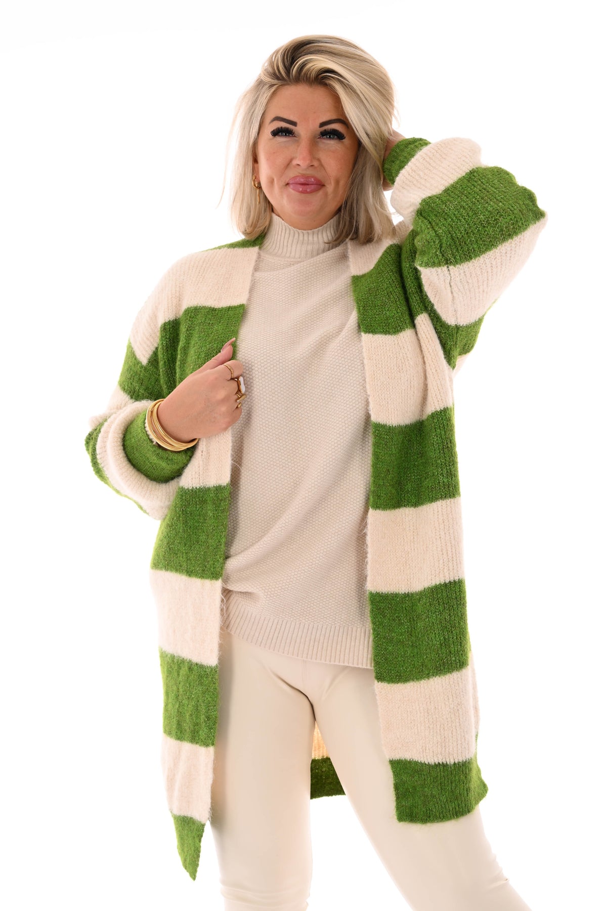 Half lang vest gestreept met pofmouwen groen/roomwit