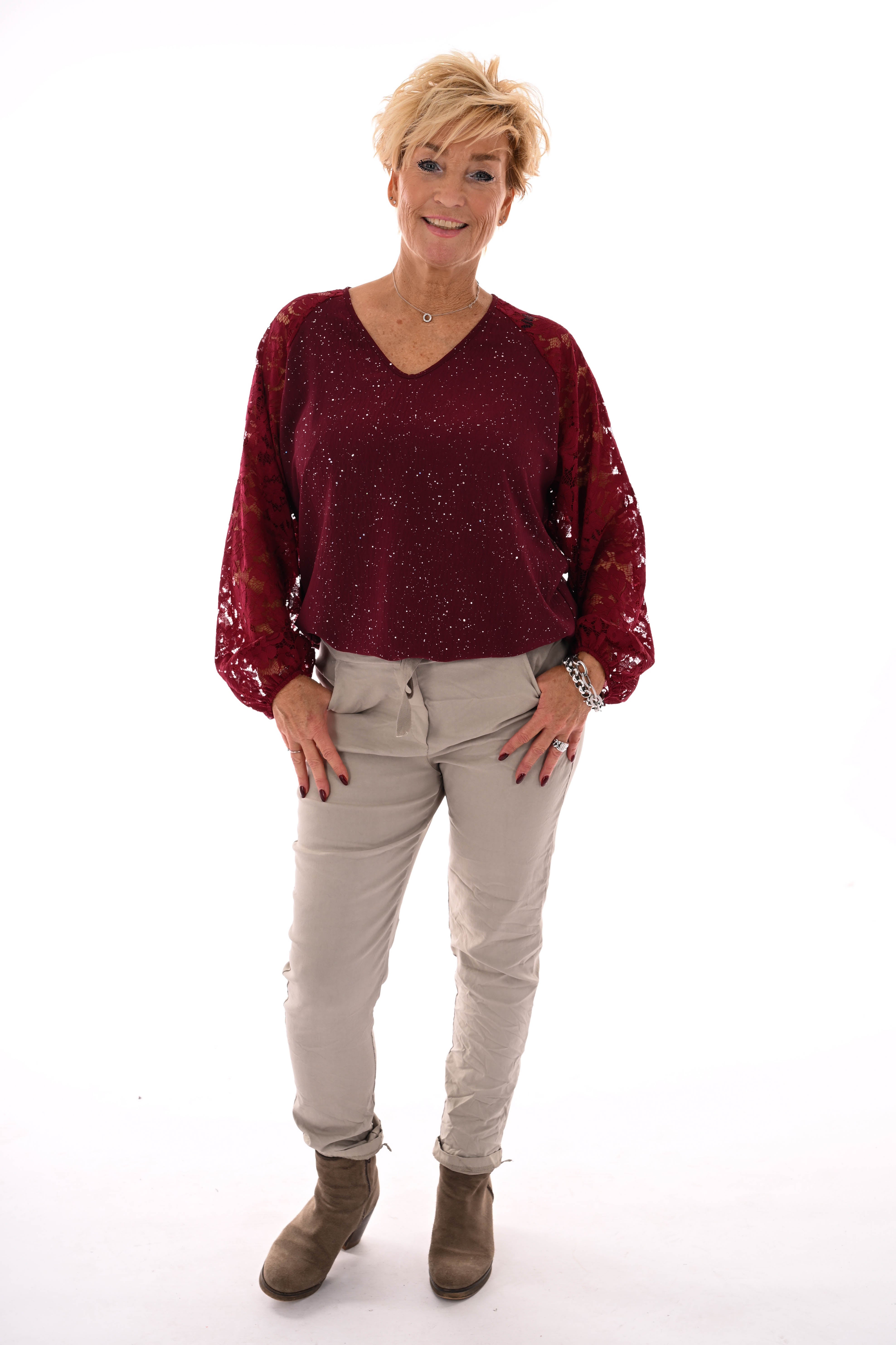 Top v-hals glitter kanten mouwen bordeaux
