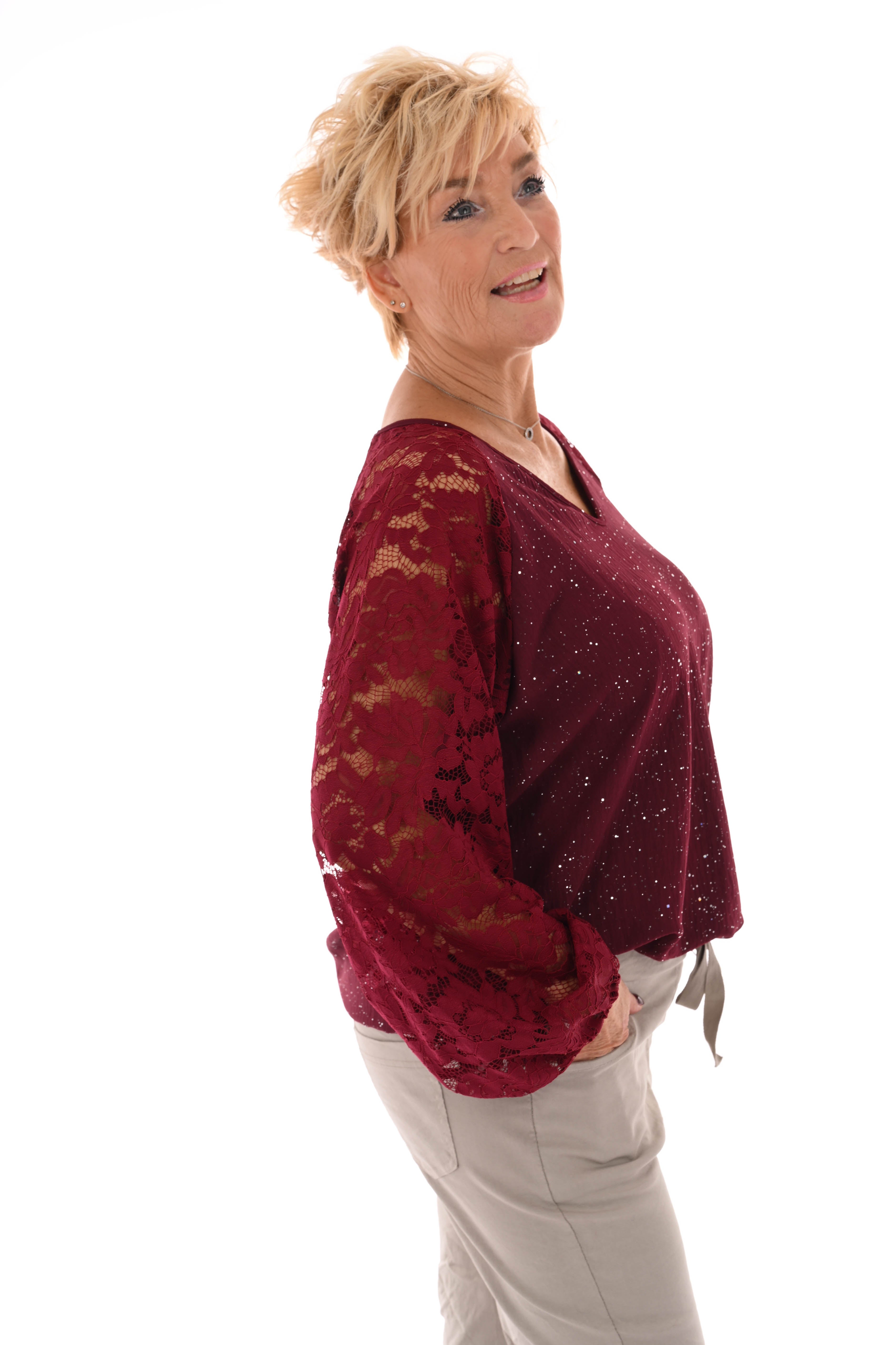 Top v-hals glitter kanten mouwen bordeaux