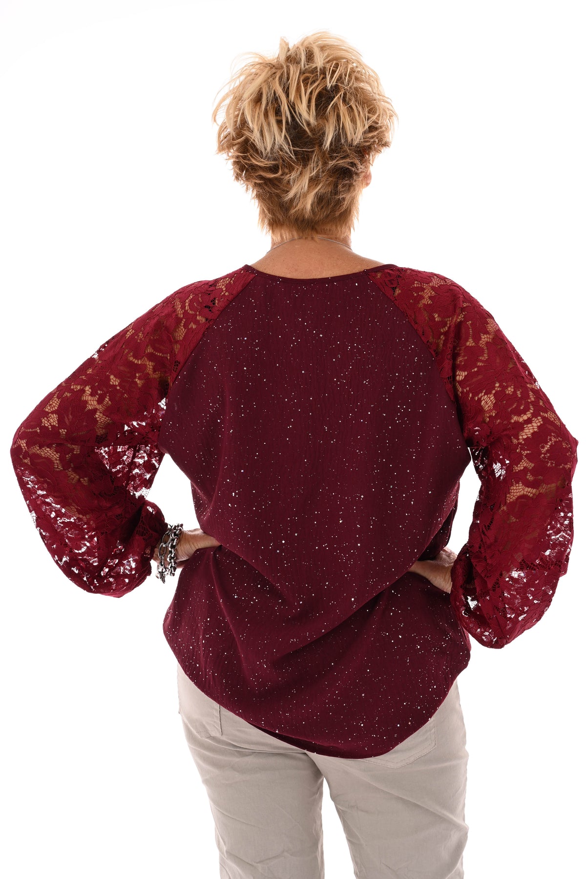 Top v-hals glitter kanten mouwen bordeaux