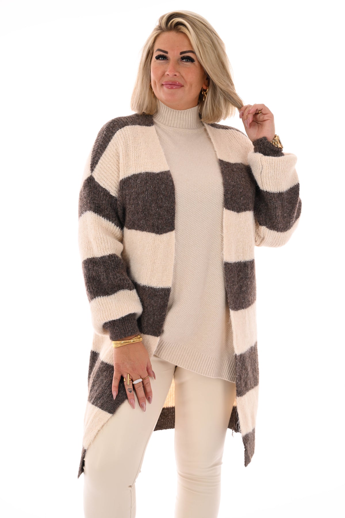 Half lang vest gestreept met pofmouwen taupe/roomwit