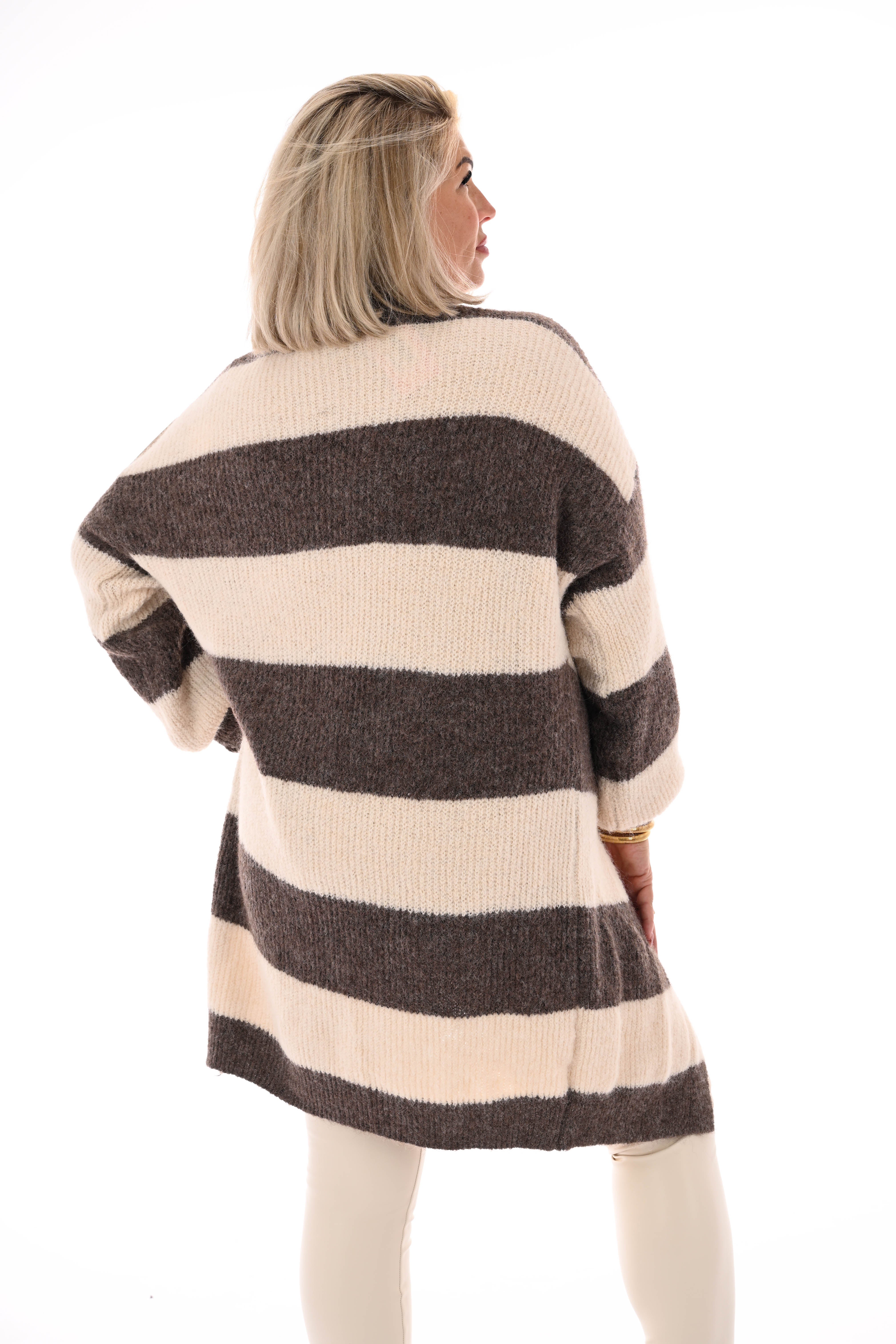 Half lang vest gestreept met pofmouwen taupe/roomwit