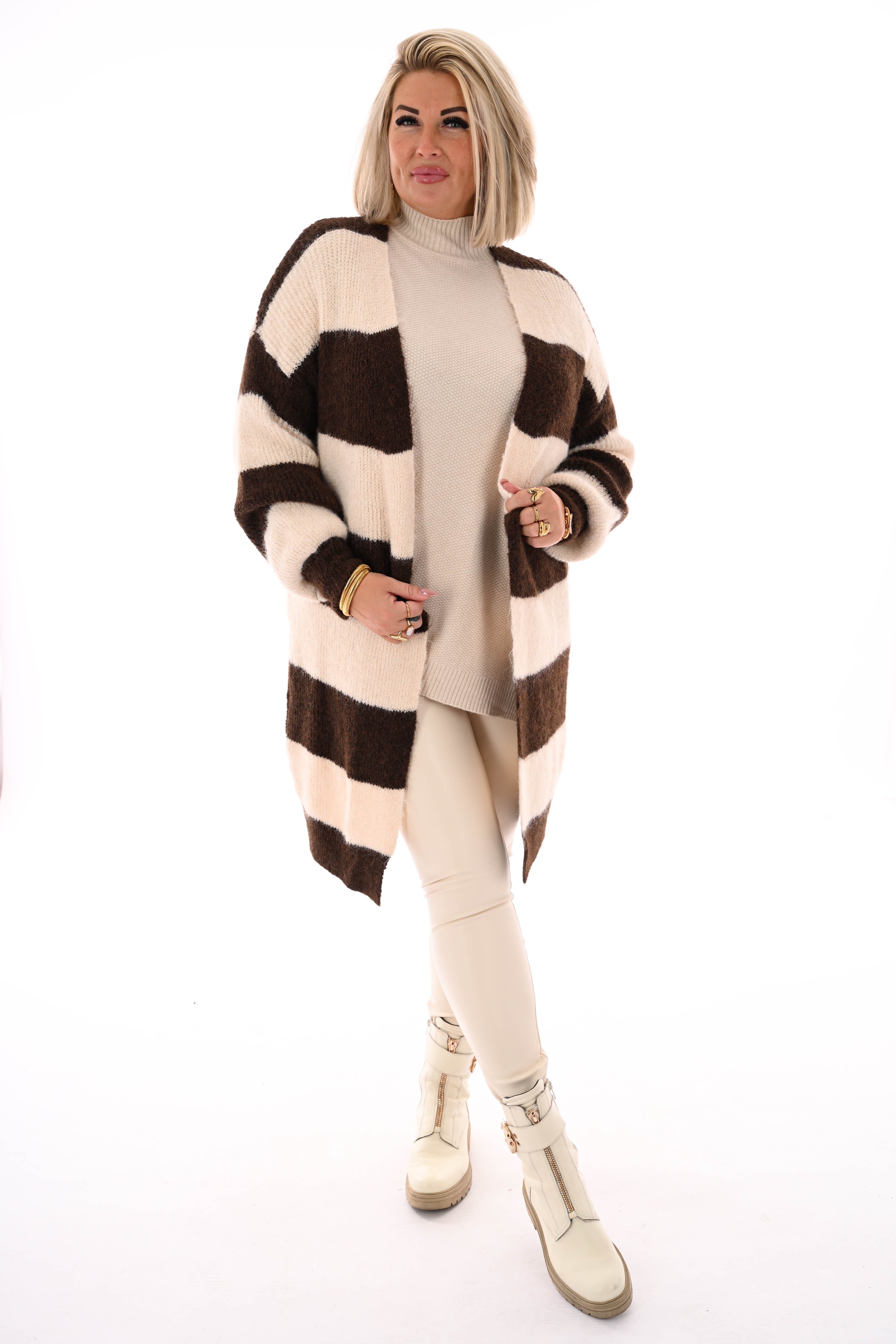 Half lang vest gestreept met pofmouwen bruin/roomwit