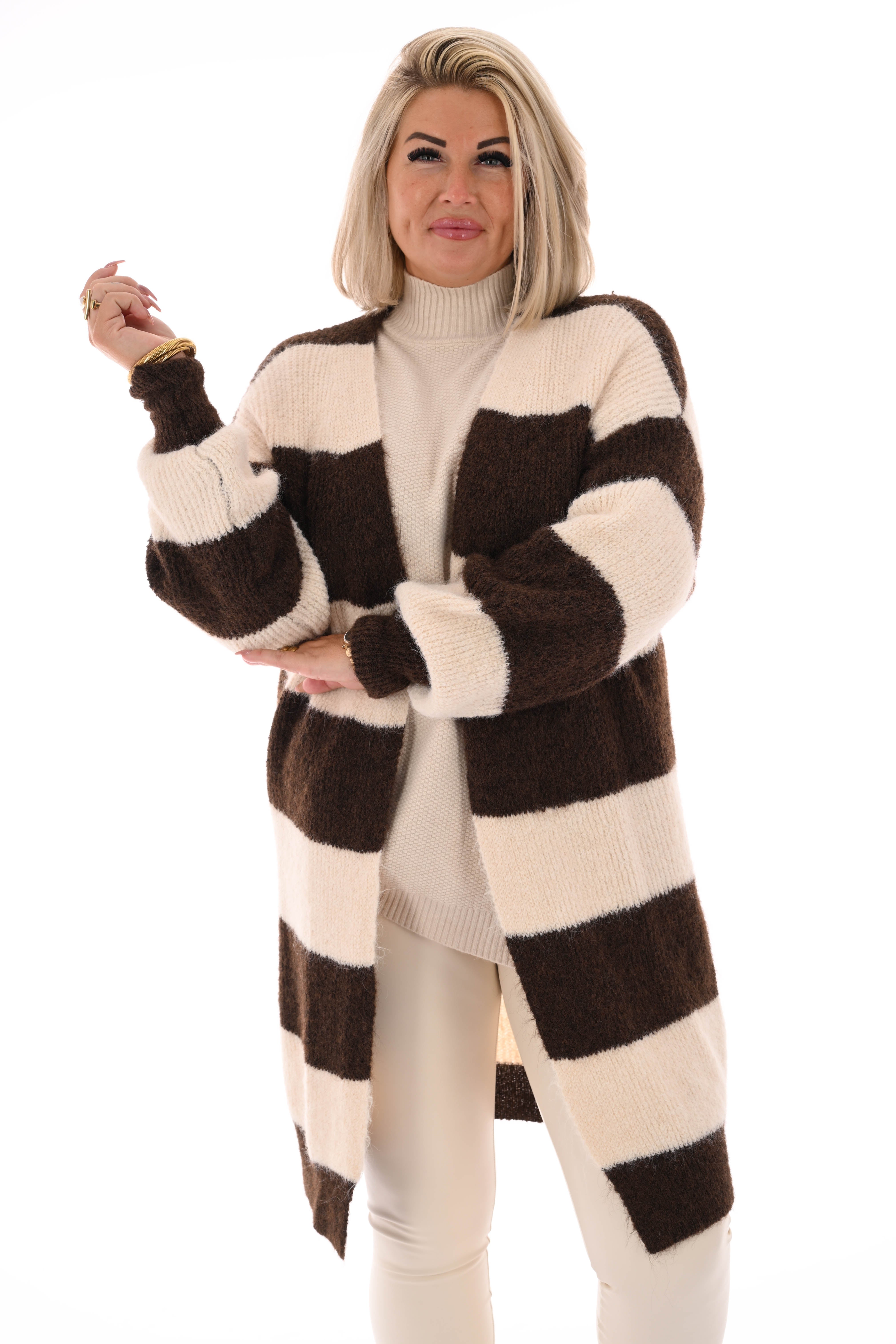 Half lang vest gestreept met pofmouwen bruin/roomwit