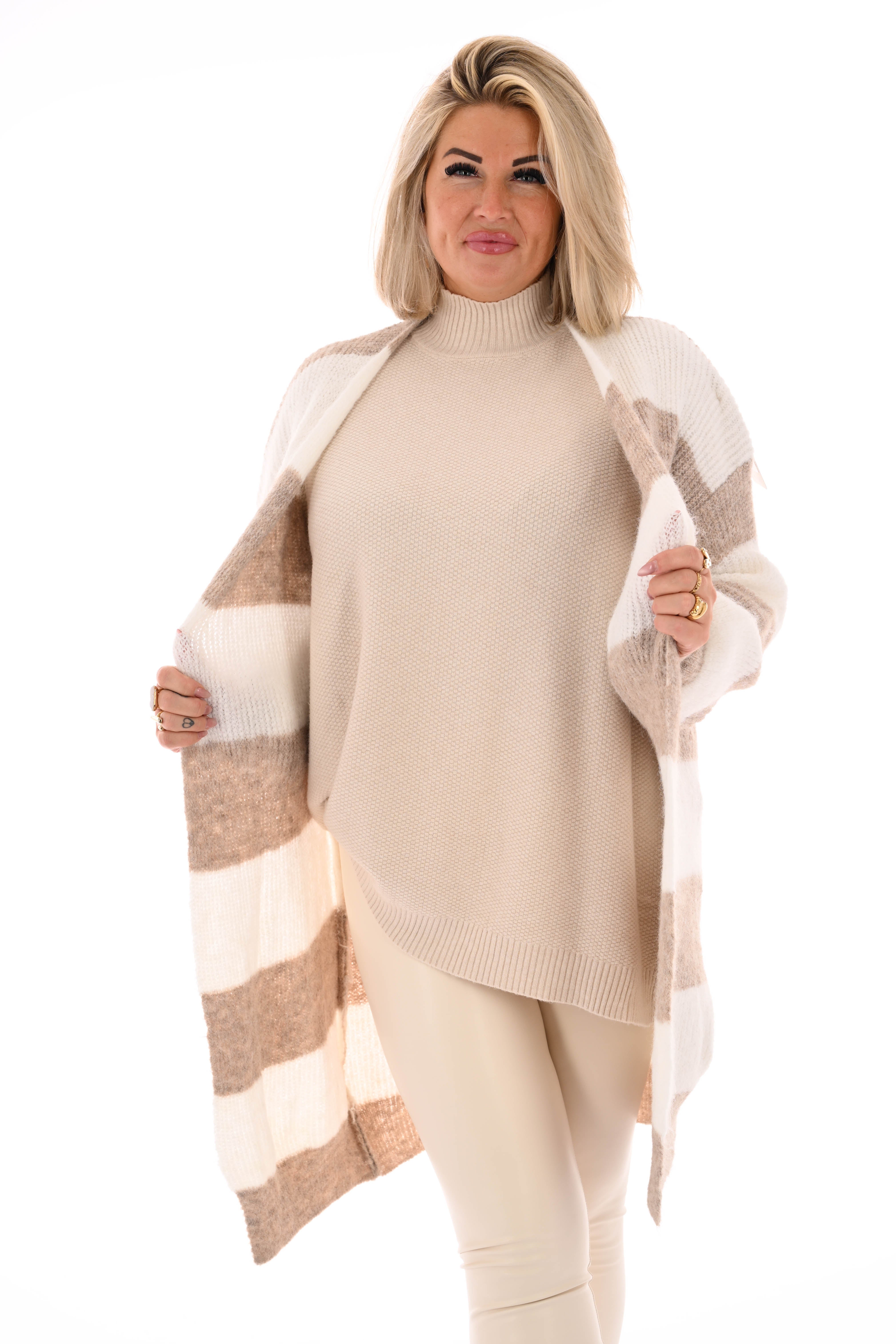 Half lang vest gestreept met pofmouwen beige/roomwit