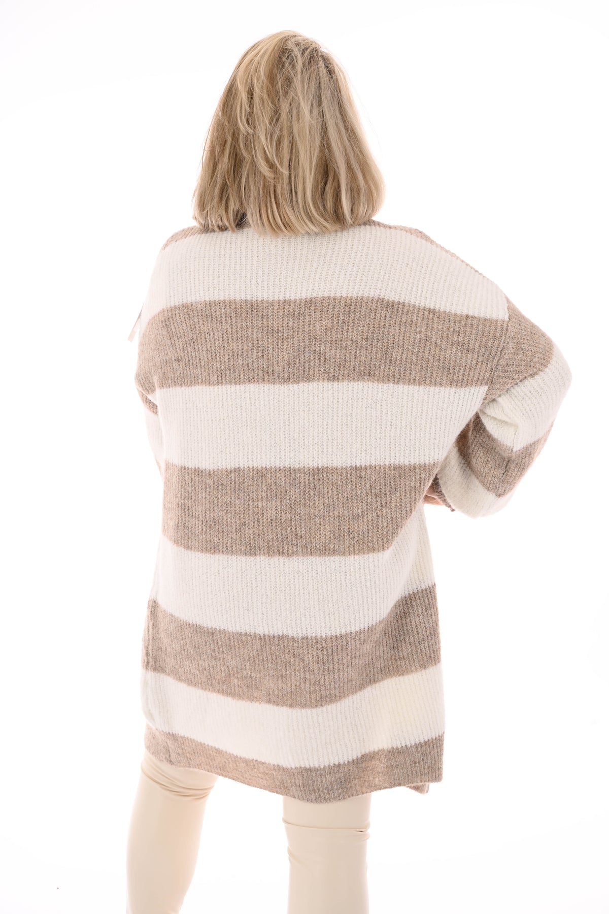 Half lang vest gestreept met pofmouwen beige/roomwit