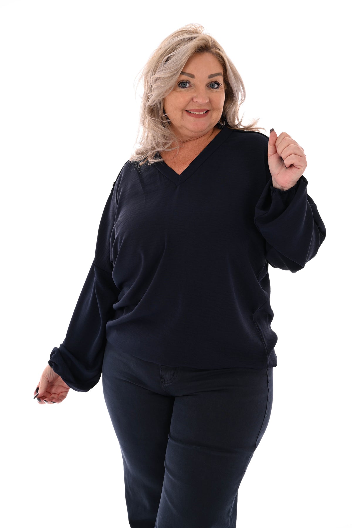 Top v-hals met knopen op de schouders marineblauw