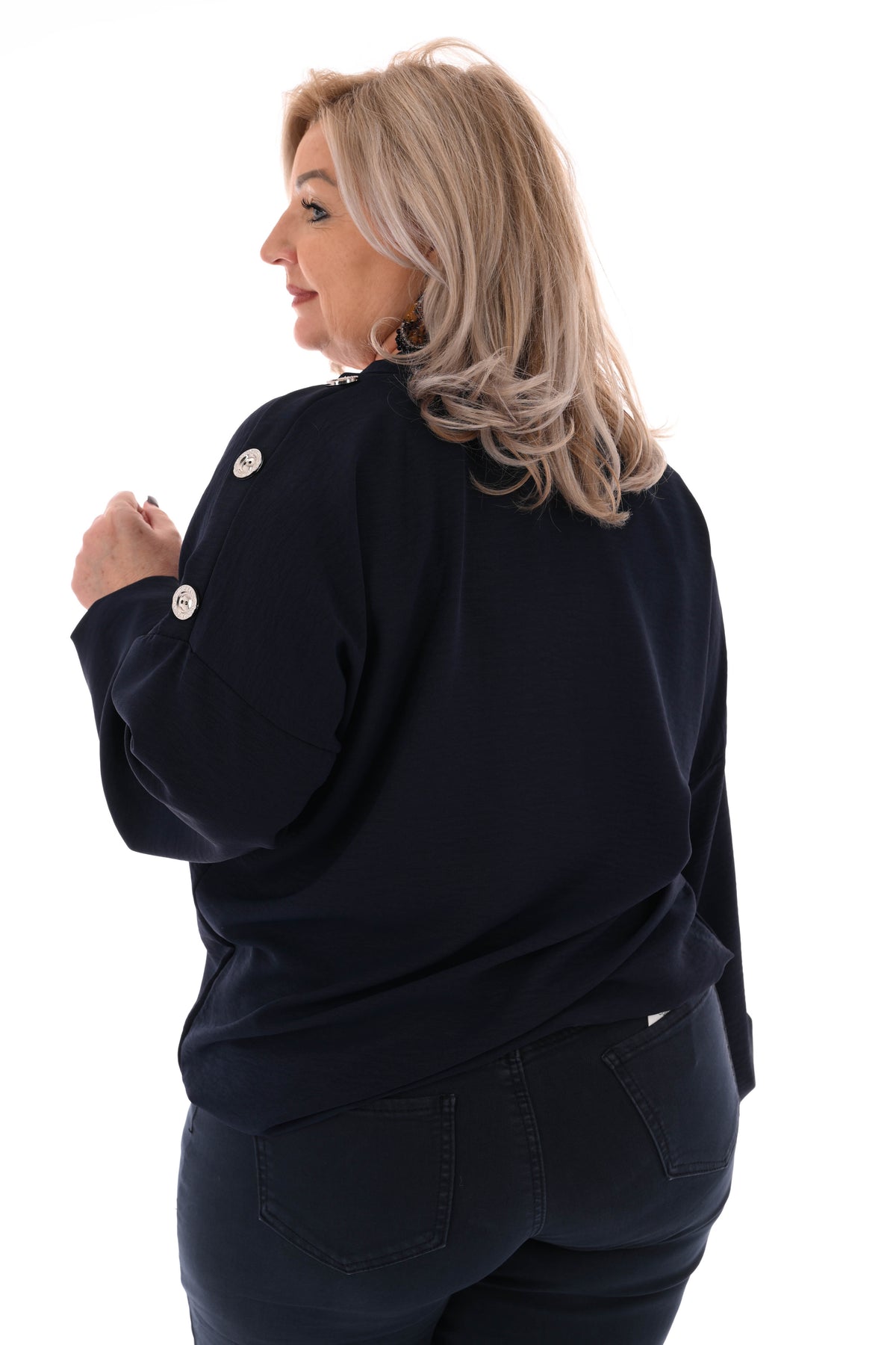 Top v-hals met knopen op de schouders marineblauw