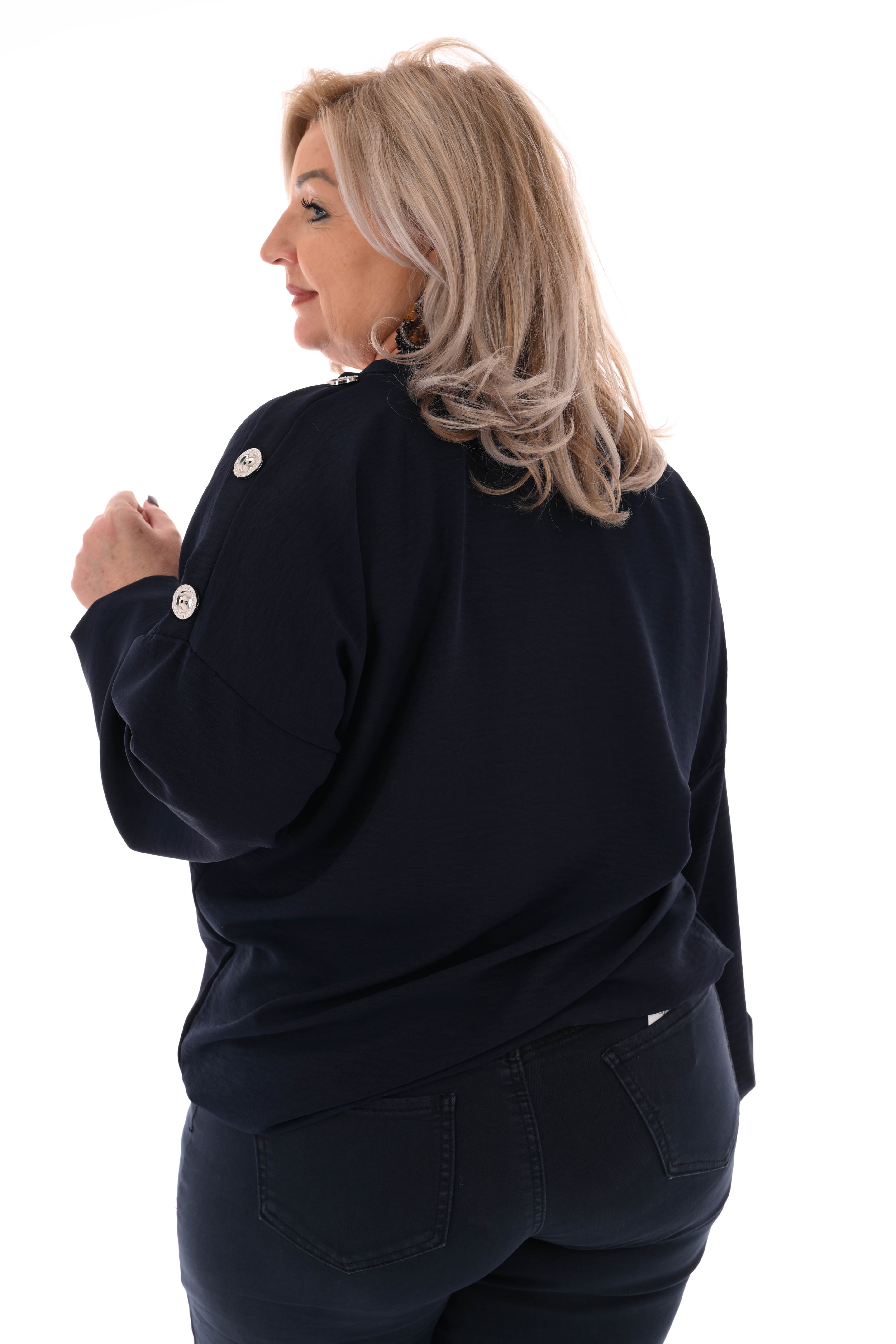 Top v-hals met knopen op de schouders marineblauw