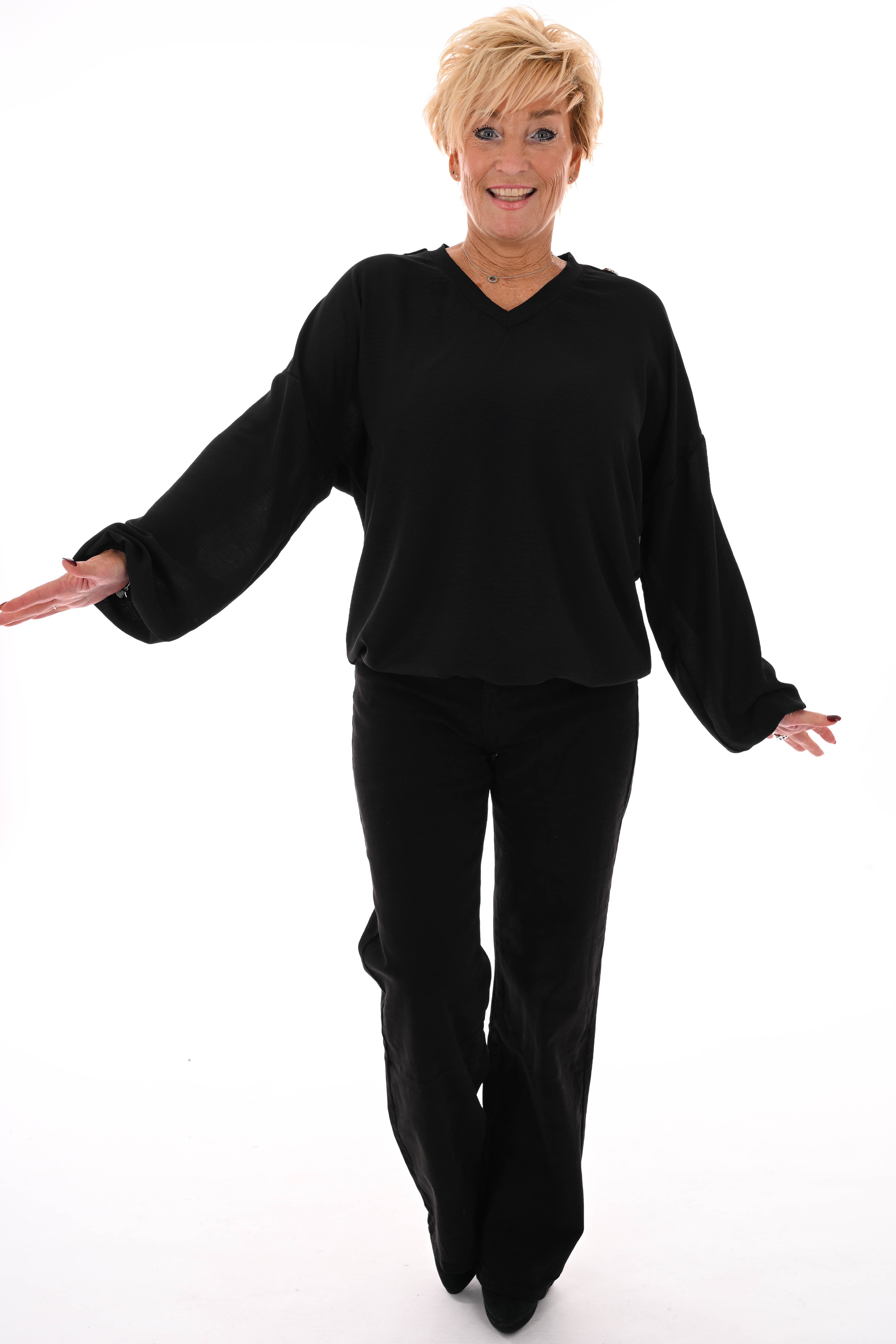 Top v-hals met knopen op de schouders zwart