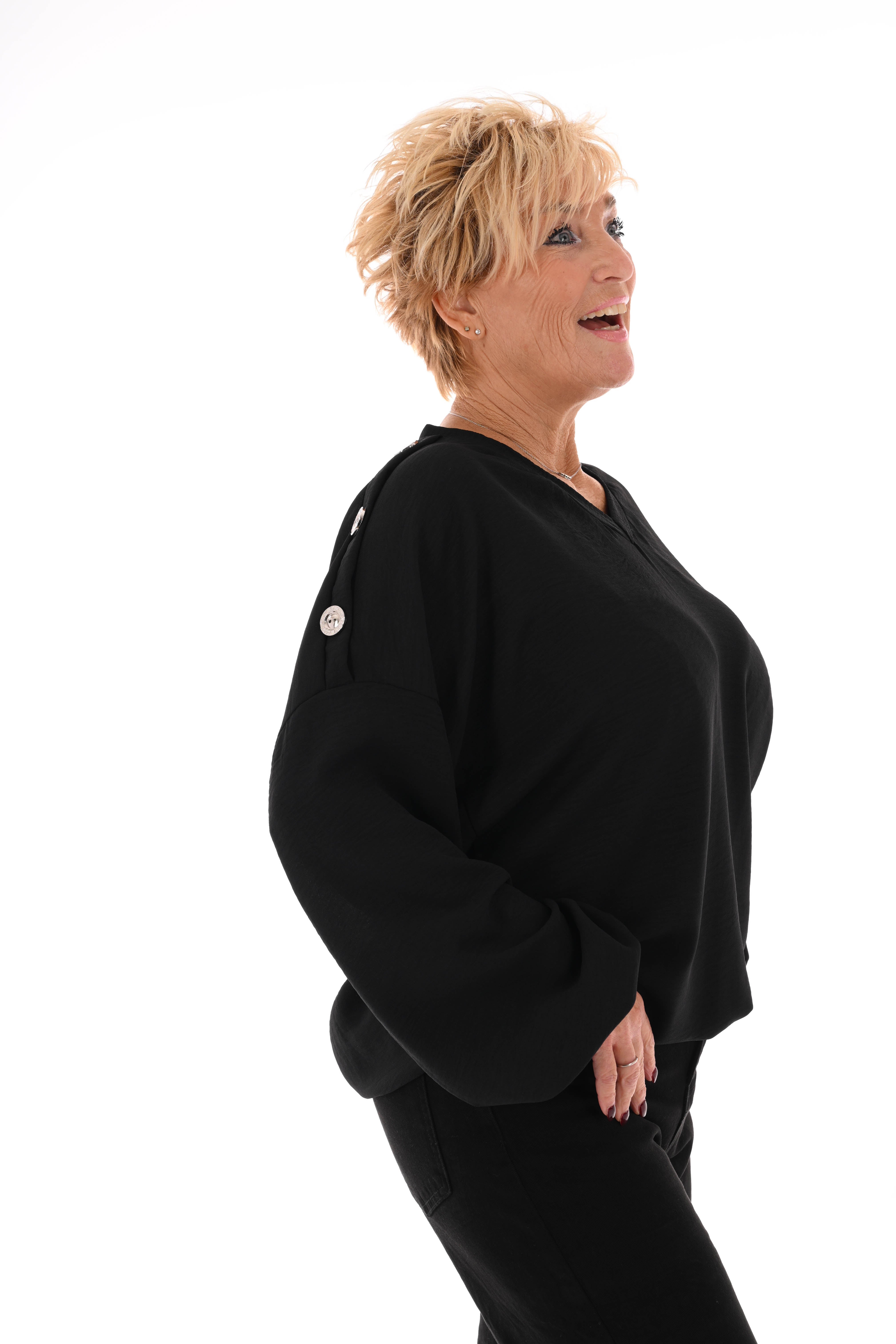 Top v-hals met knopen op de schouders zwart