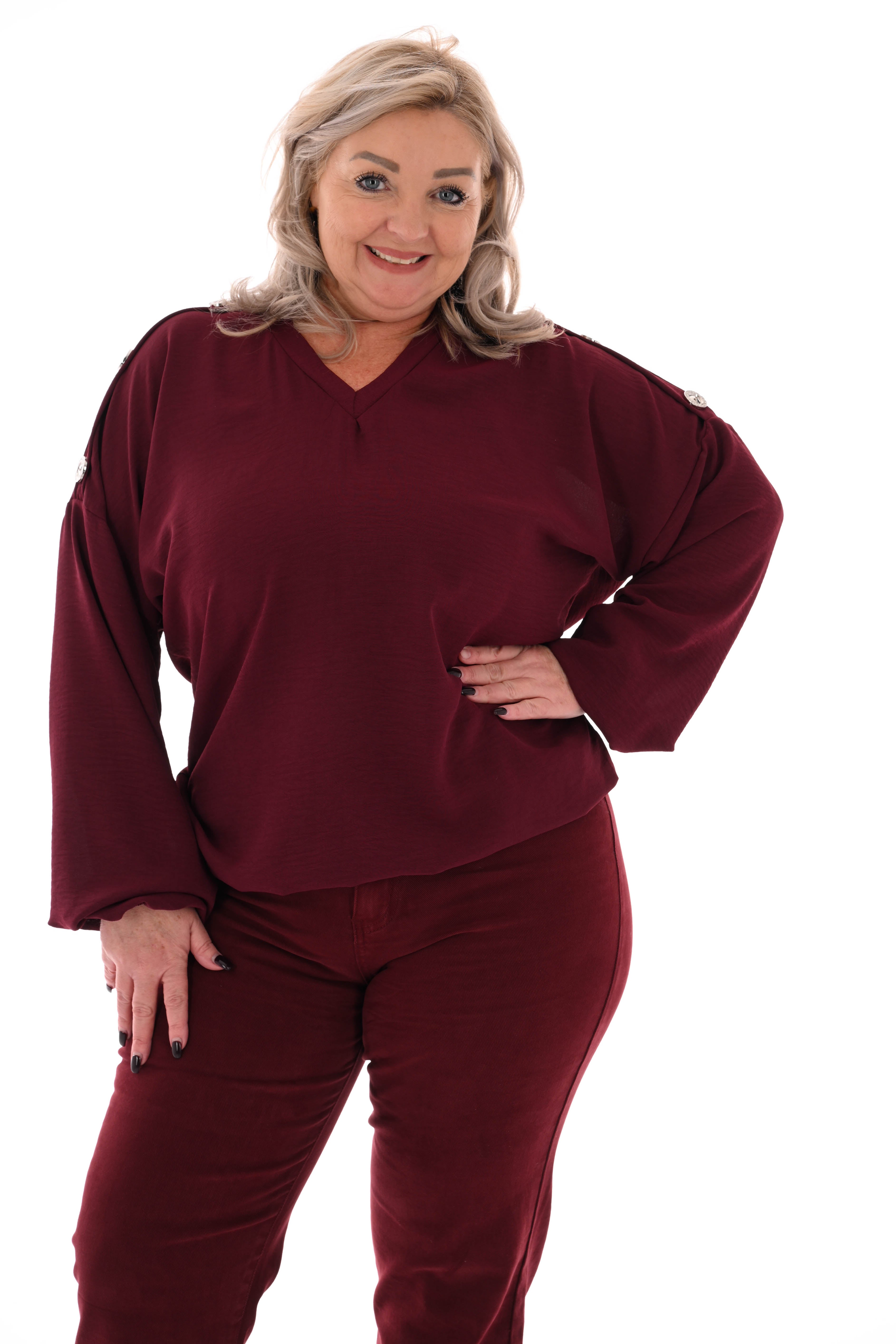 Top v-hals met knopen op de schouders bordeaux