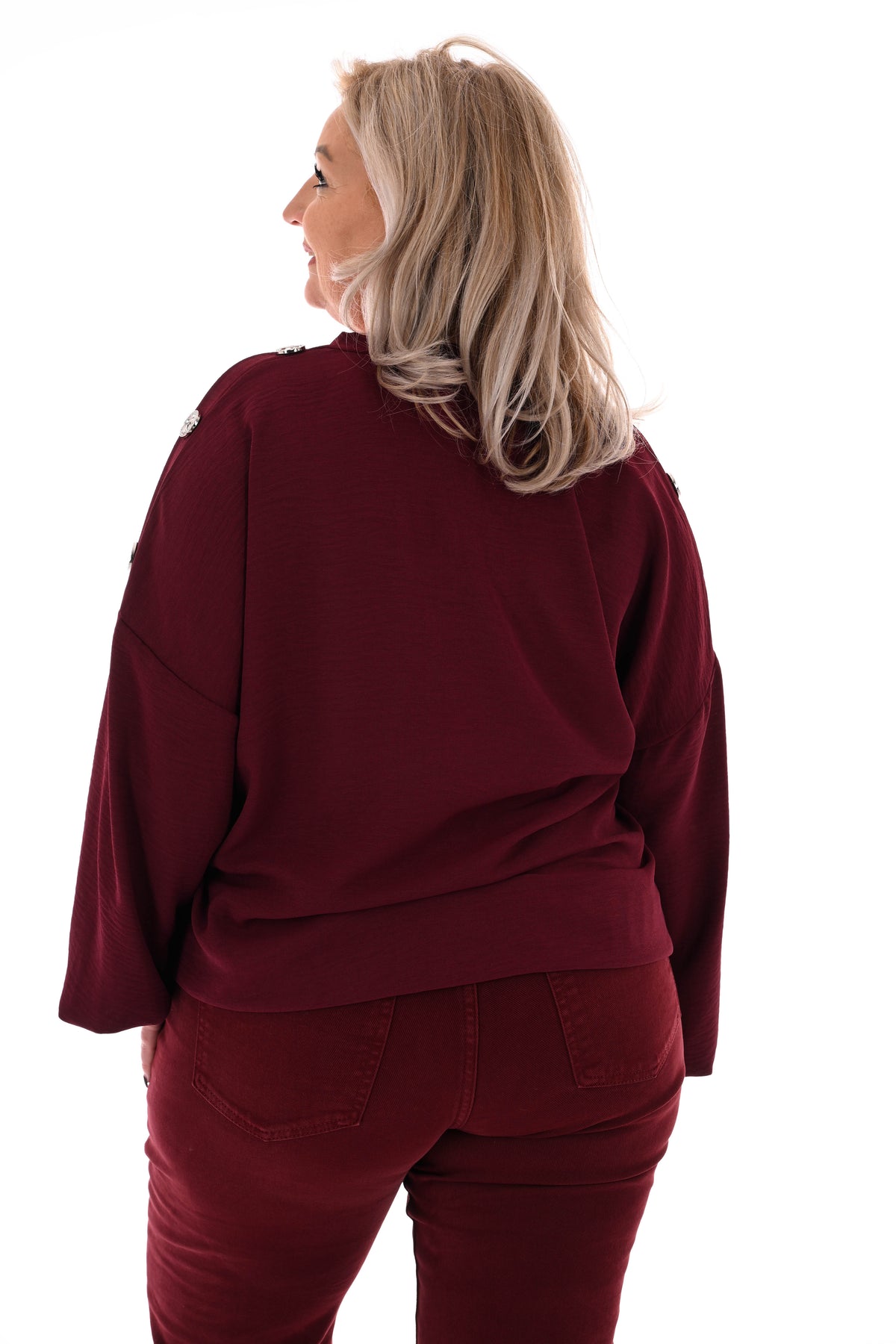 Top v-hals met knopen op de schouders bordeaux