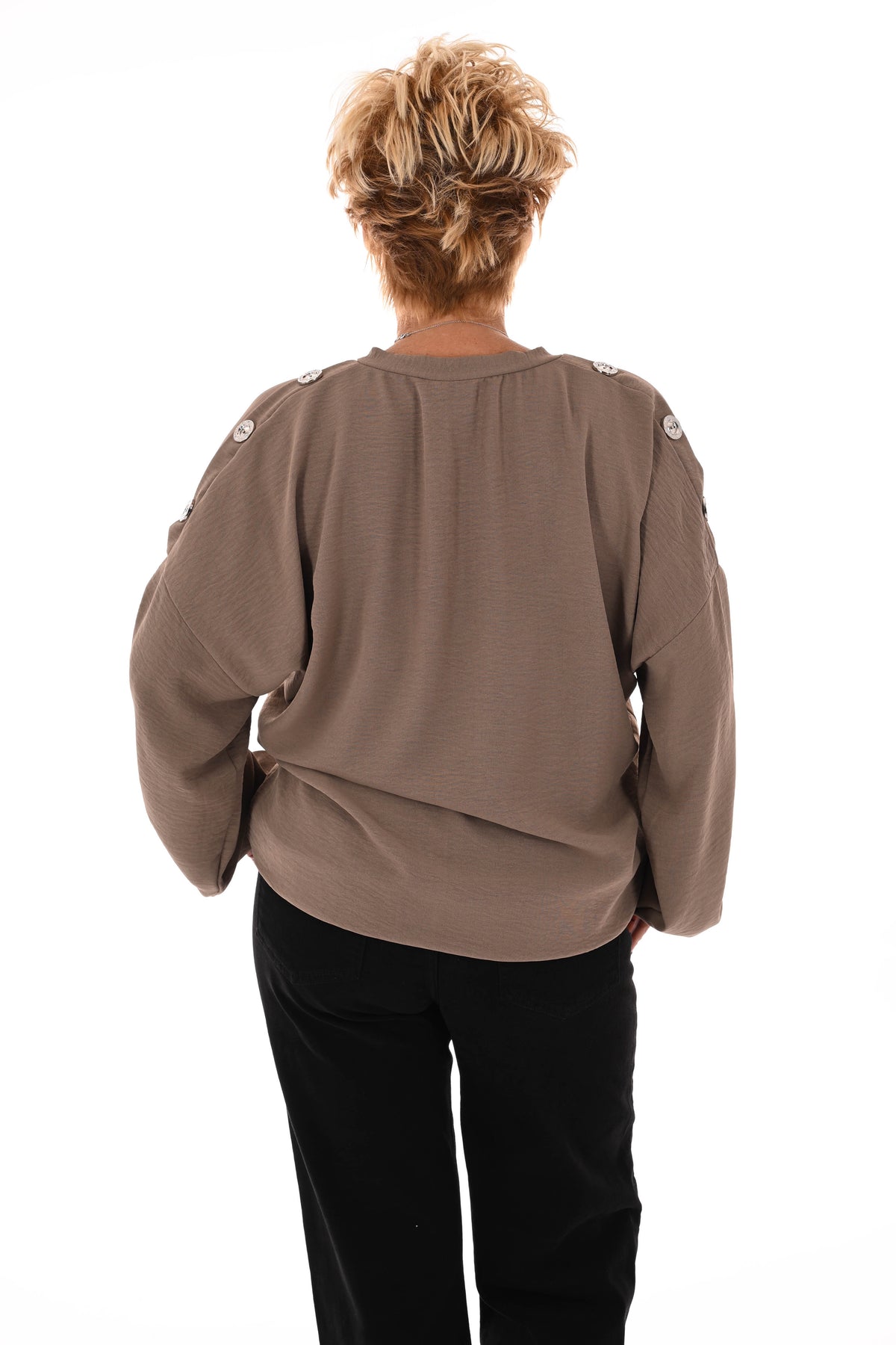 Top v-hals met knopen op de schouders taupe