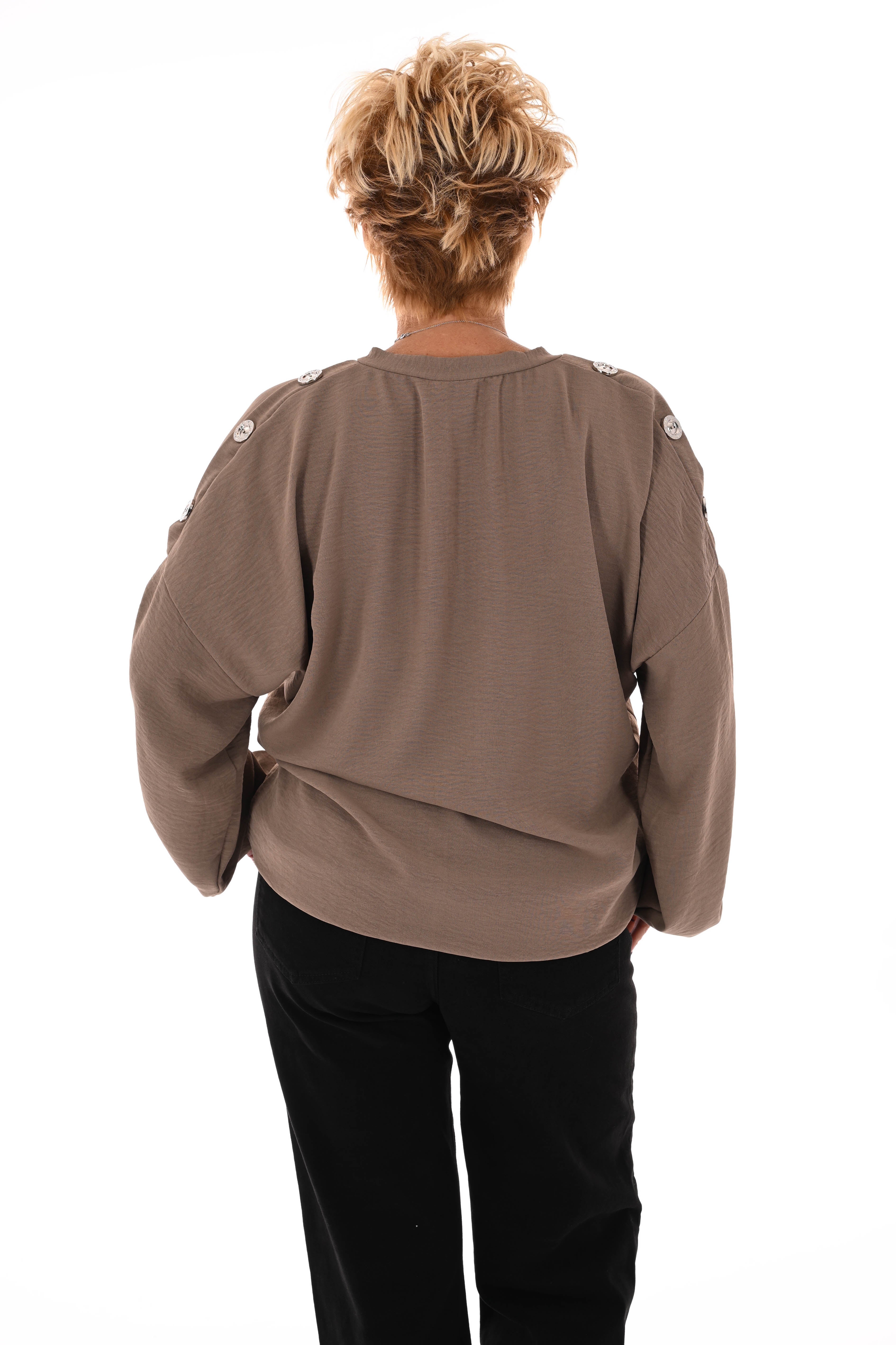 Top v-hals met knopen op de schouders taupe