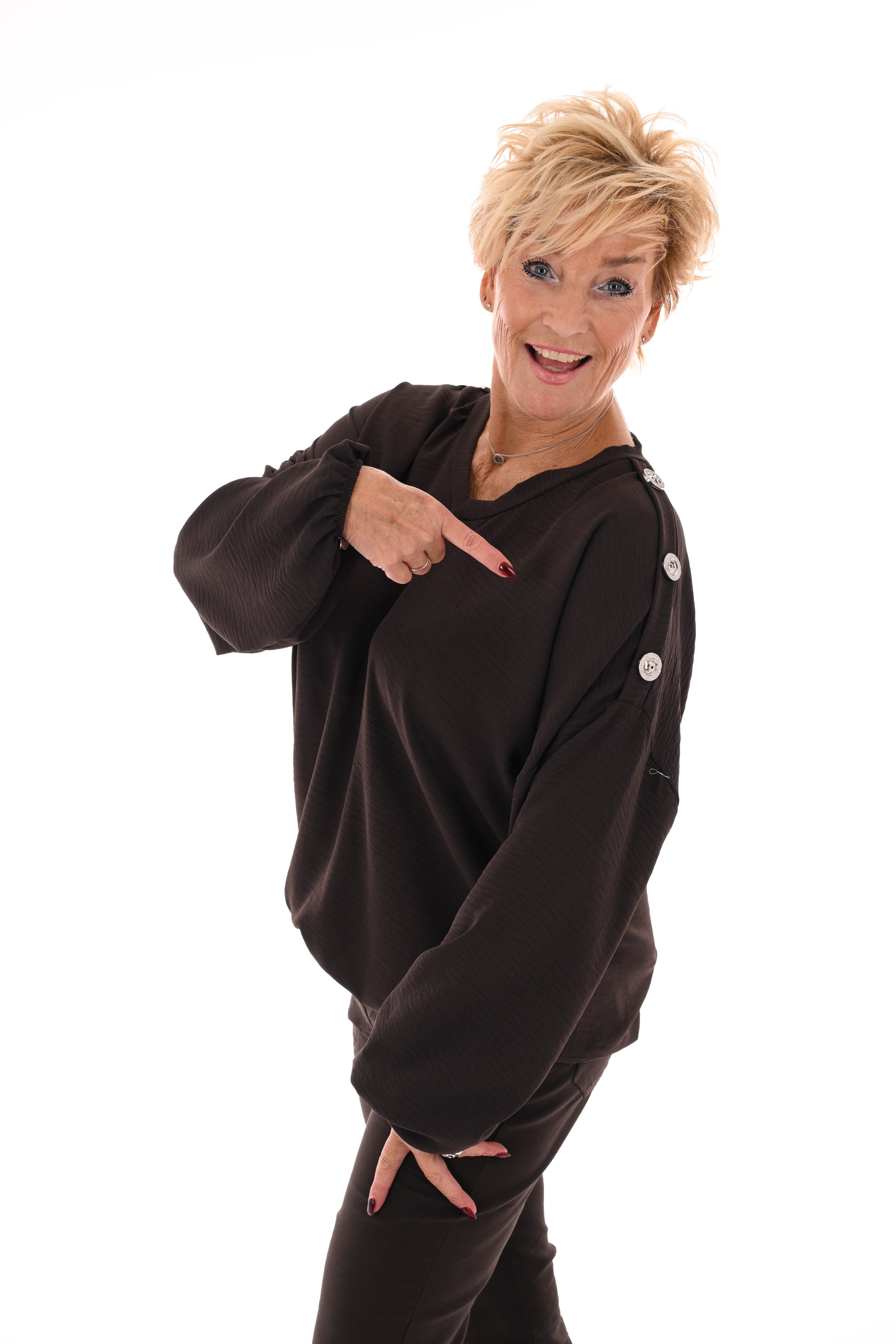 Top v-hals met knopen op de schouders bruin