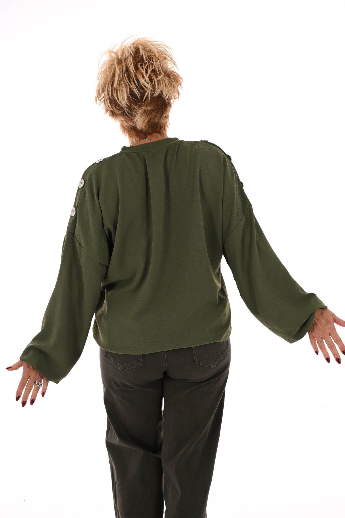 Top v-hals met knopen op de schouders legergroen