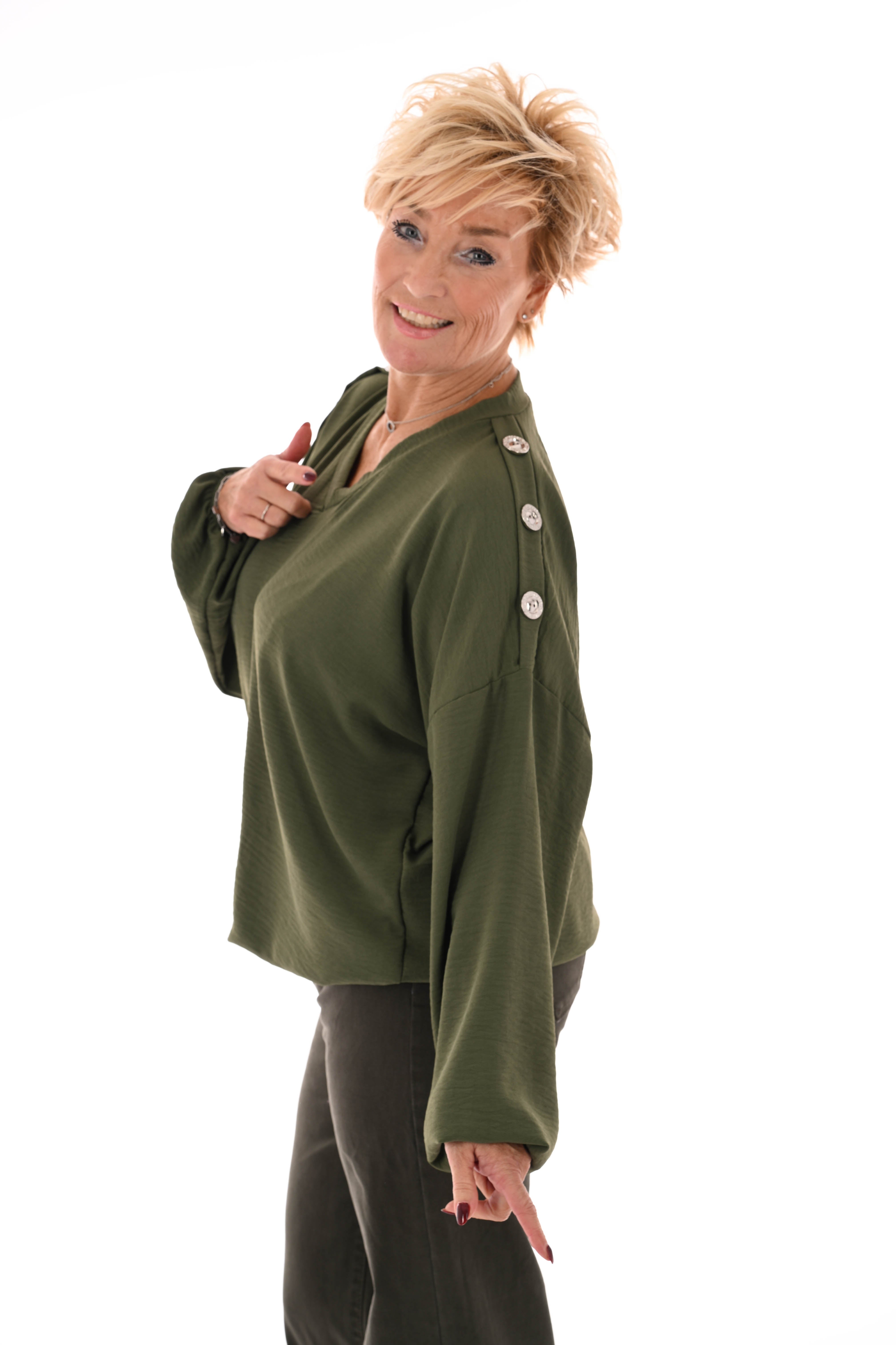 Top v-hals met knopen op de schouders legergroen