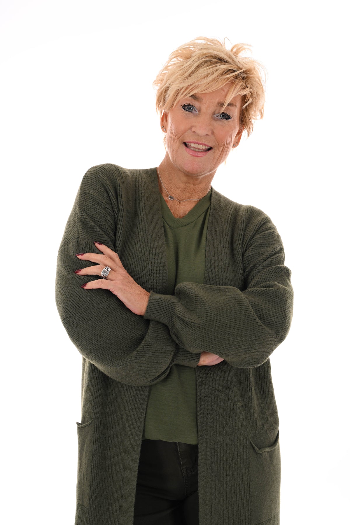 Gebreid vest pofmouwen legergroen