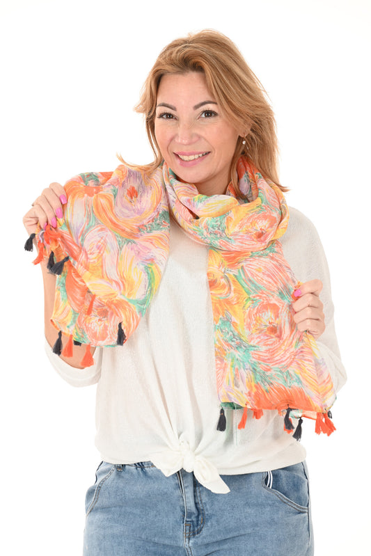 Sjaal met print verf bloemen oranje