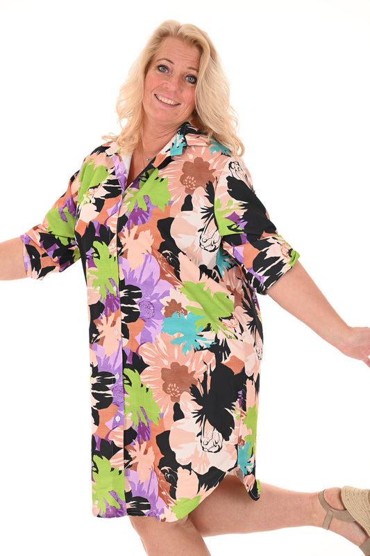 Lange blouse doorknoop tropical zwart/lila