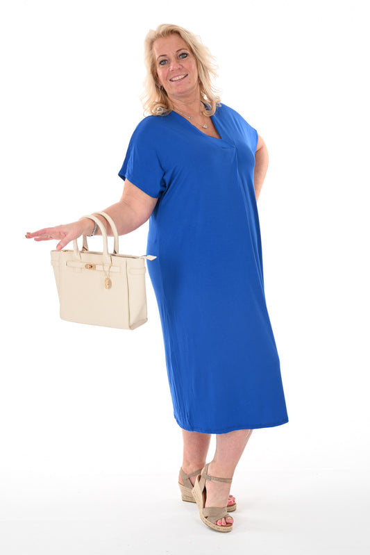 Lange jurk met v-hals met korte mouwen kobaltblauw