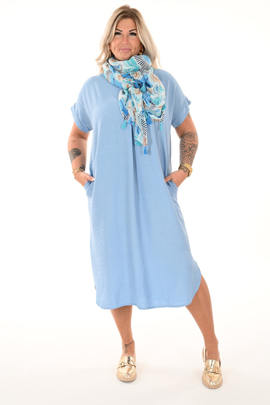 Lange jurk v-hals korte mouwen jeansblauw