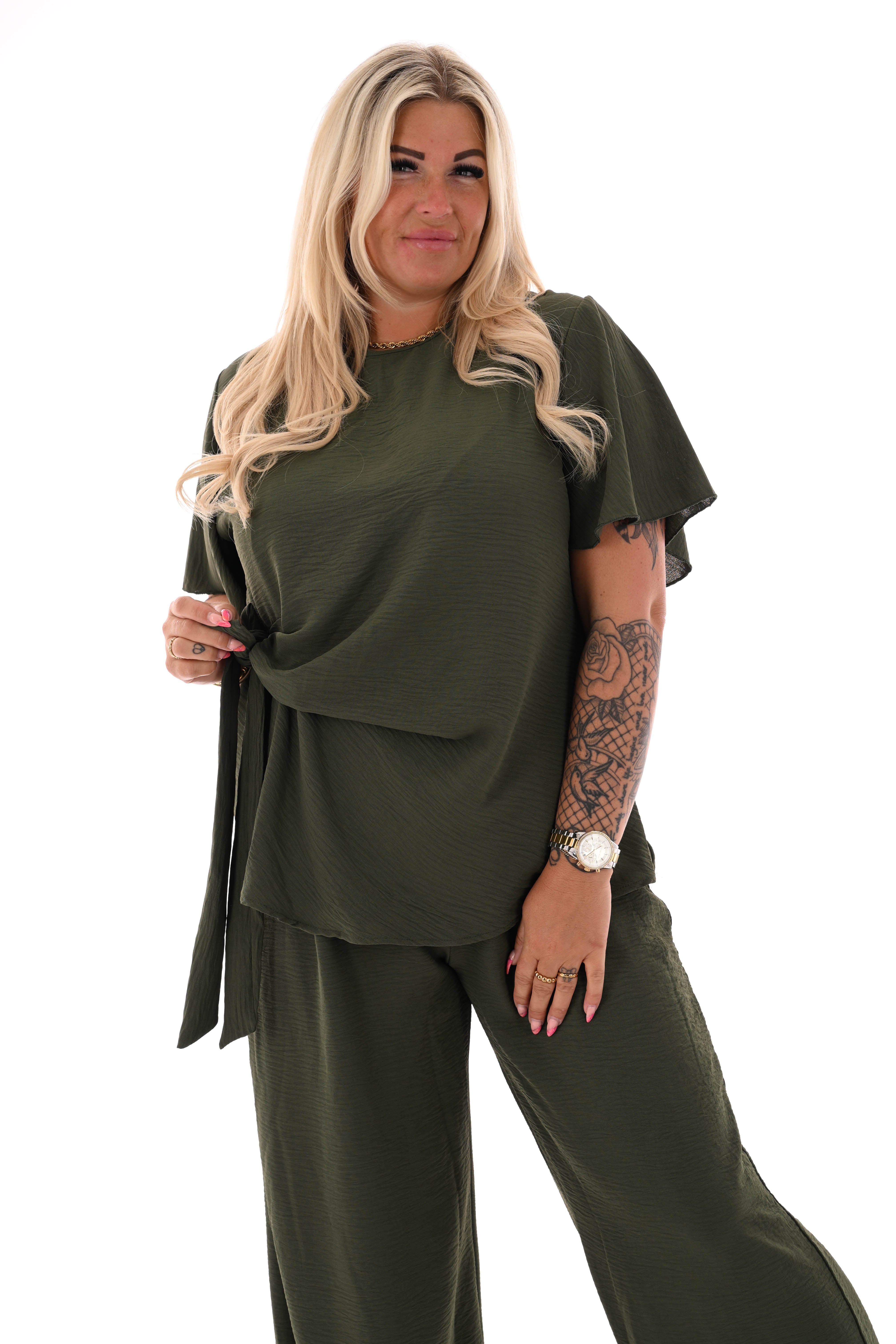 Tweedelig set met knoop detail uni legergroen