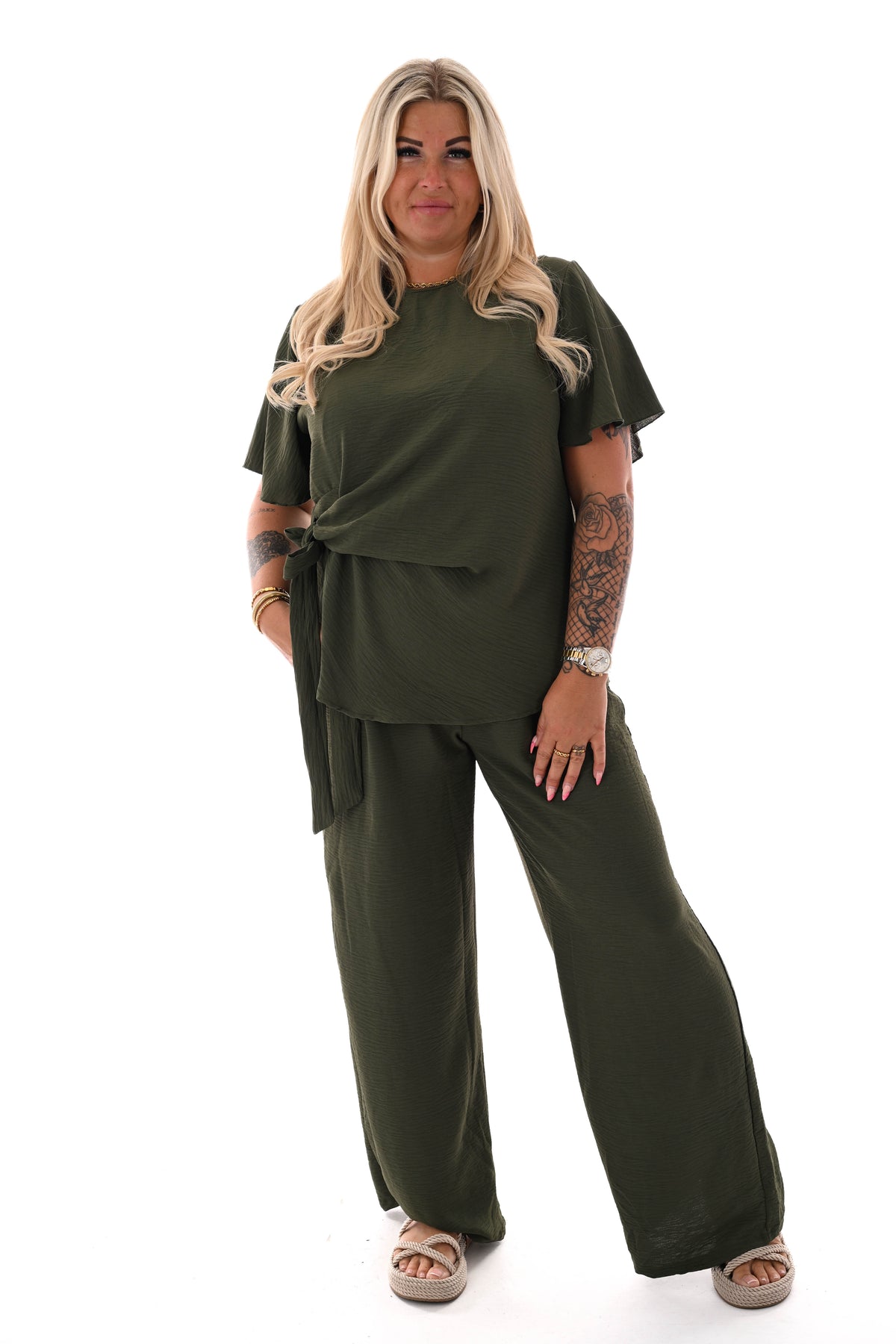 Tweedelig set met knoop detail uni legergroen