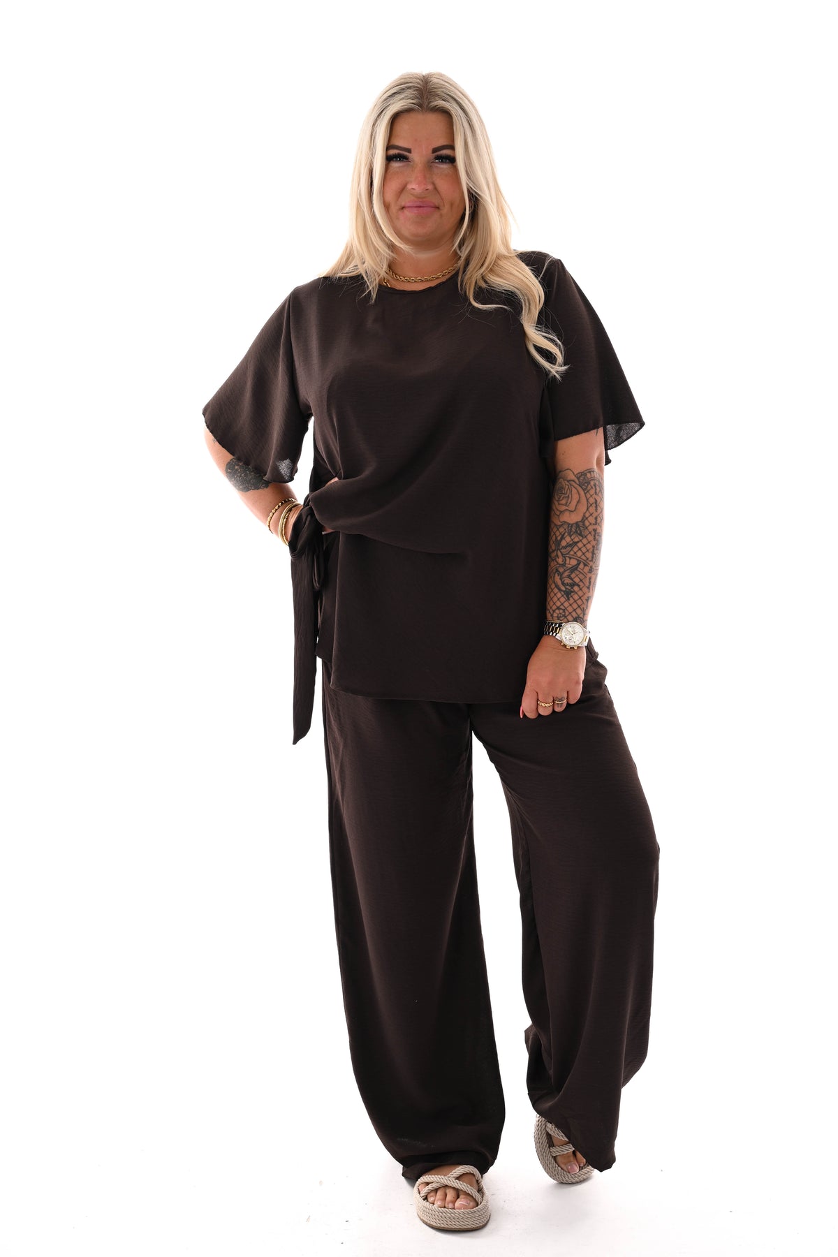 Tweedelig set met knoop detail uni donkerbruin