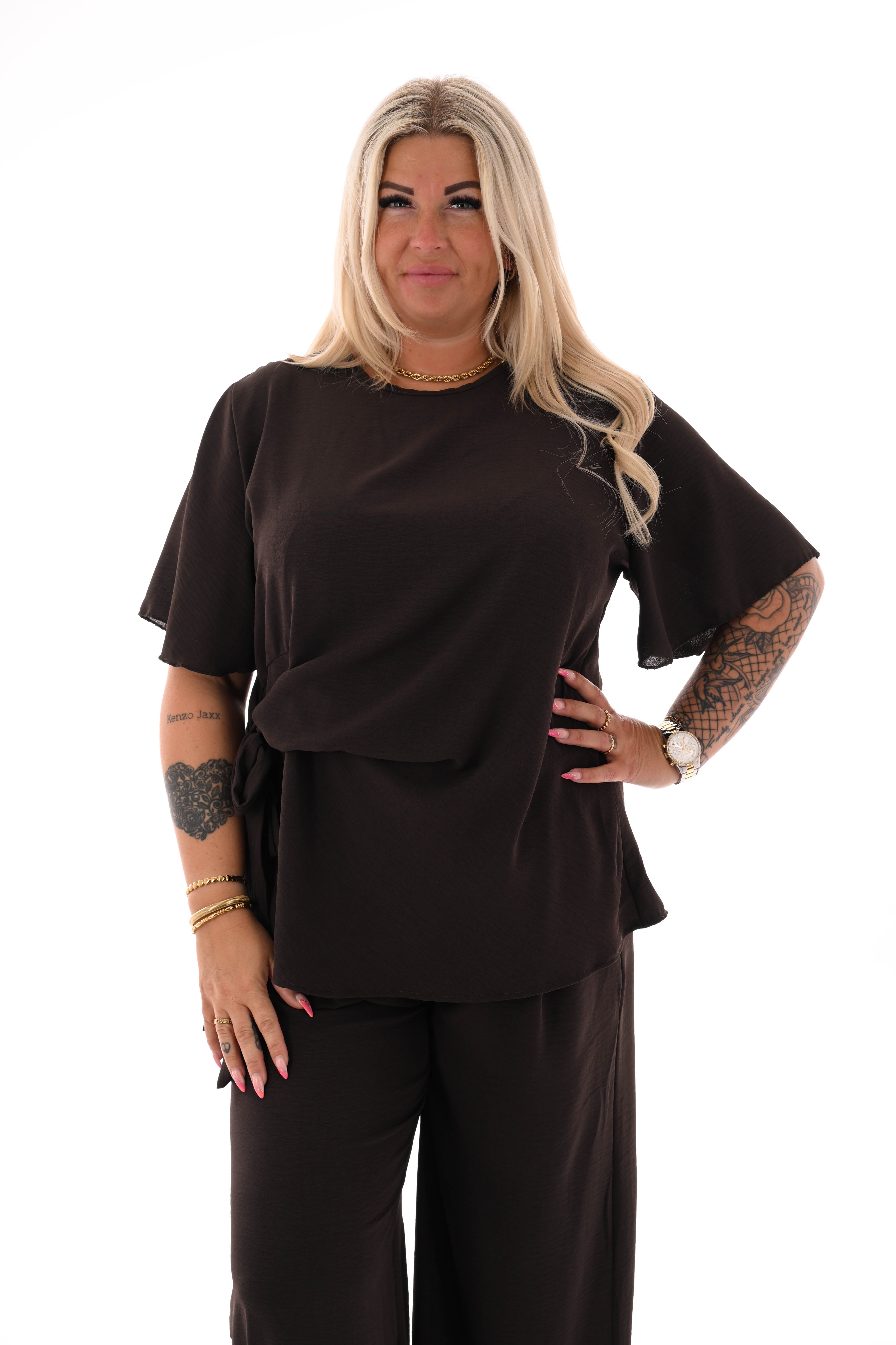 Tweedelig set met knoop detail uni donkerbruin