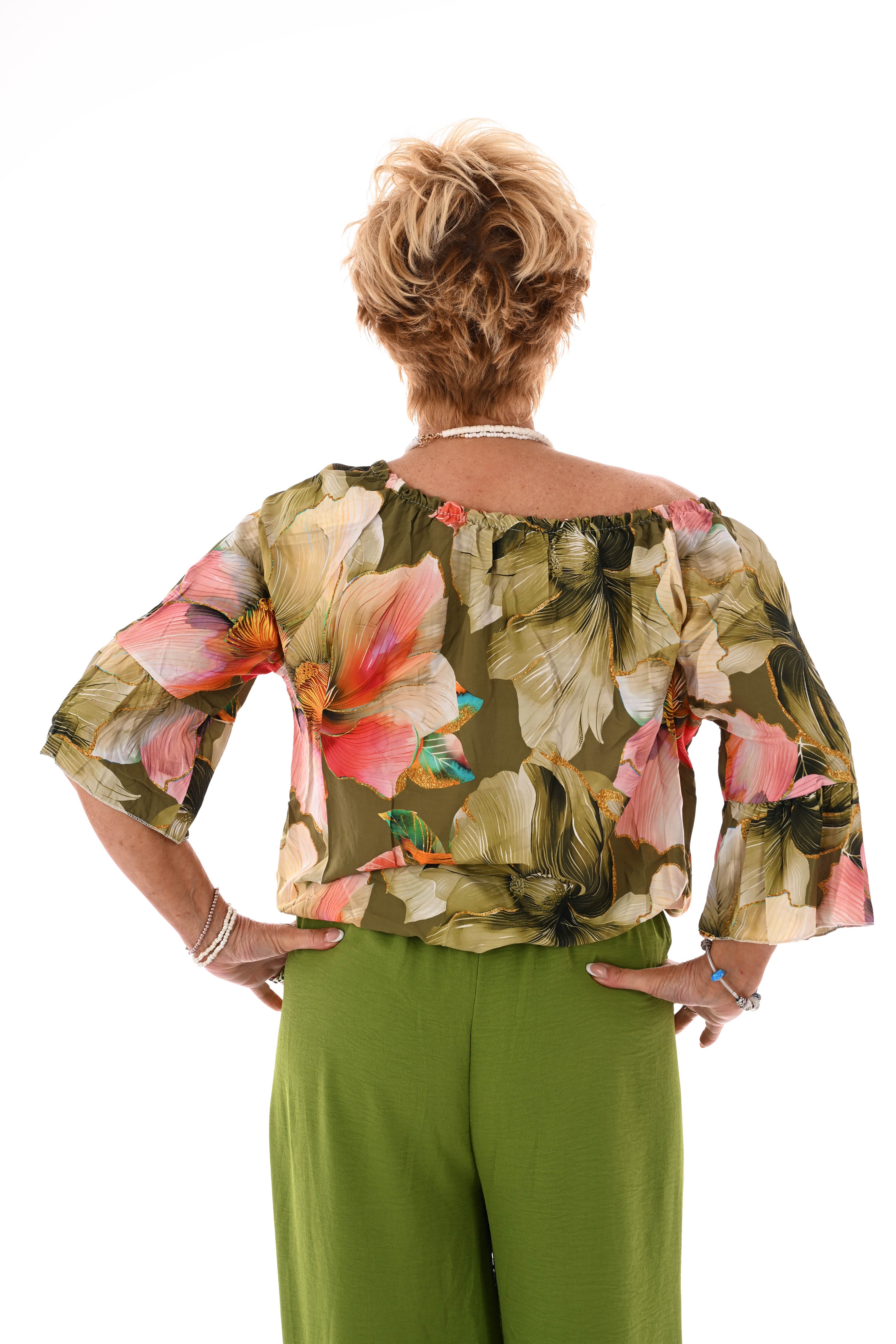 Blouse met bloemen en trompetmouwen olijfgroen