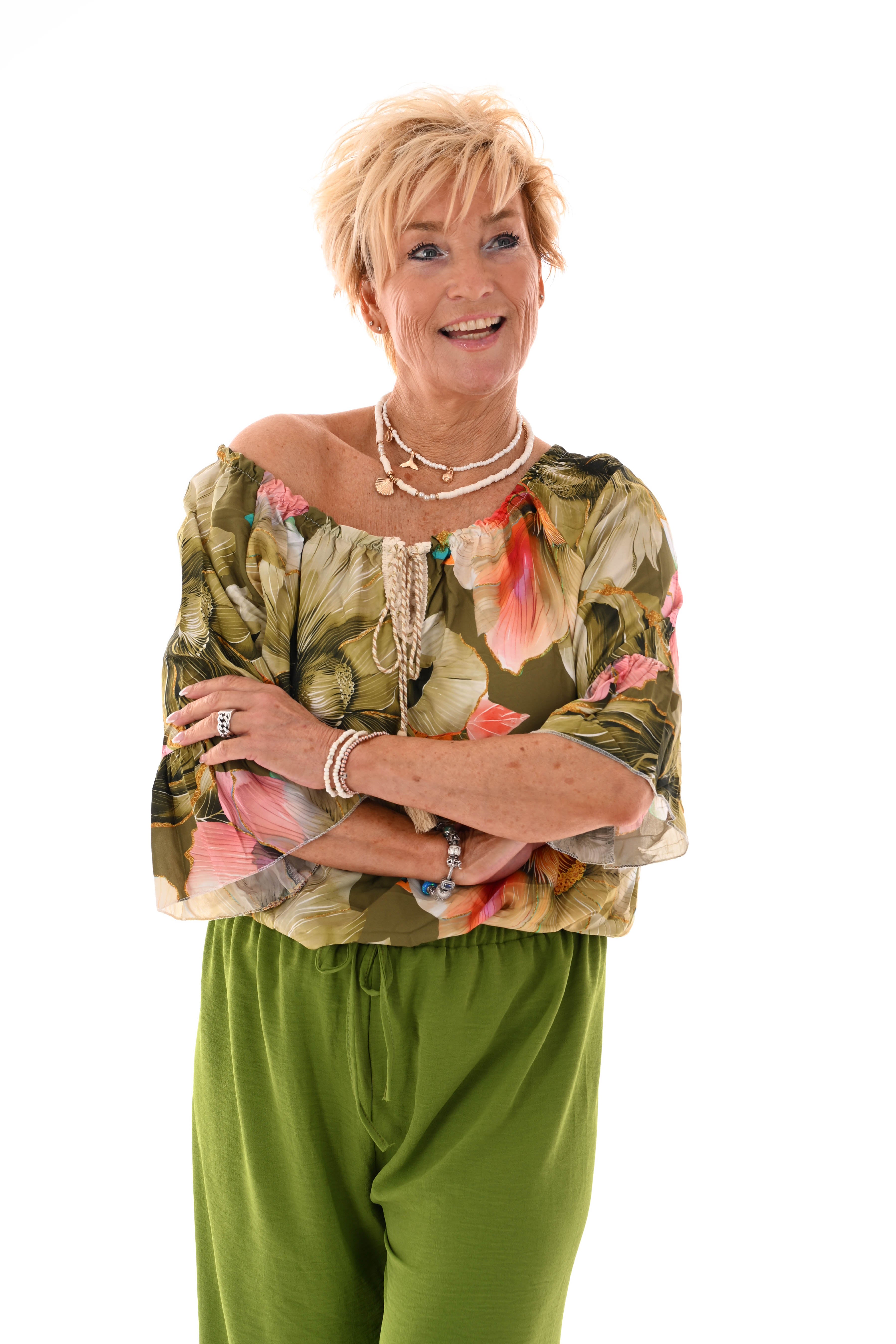 Blouse met bloemen en trompetmouwen olijfgroen