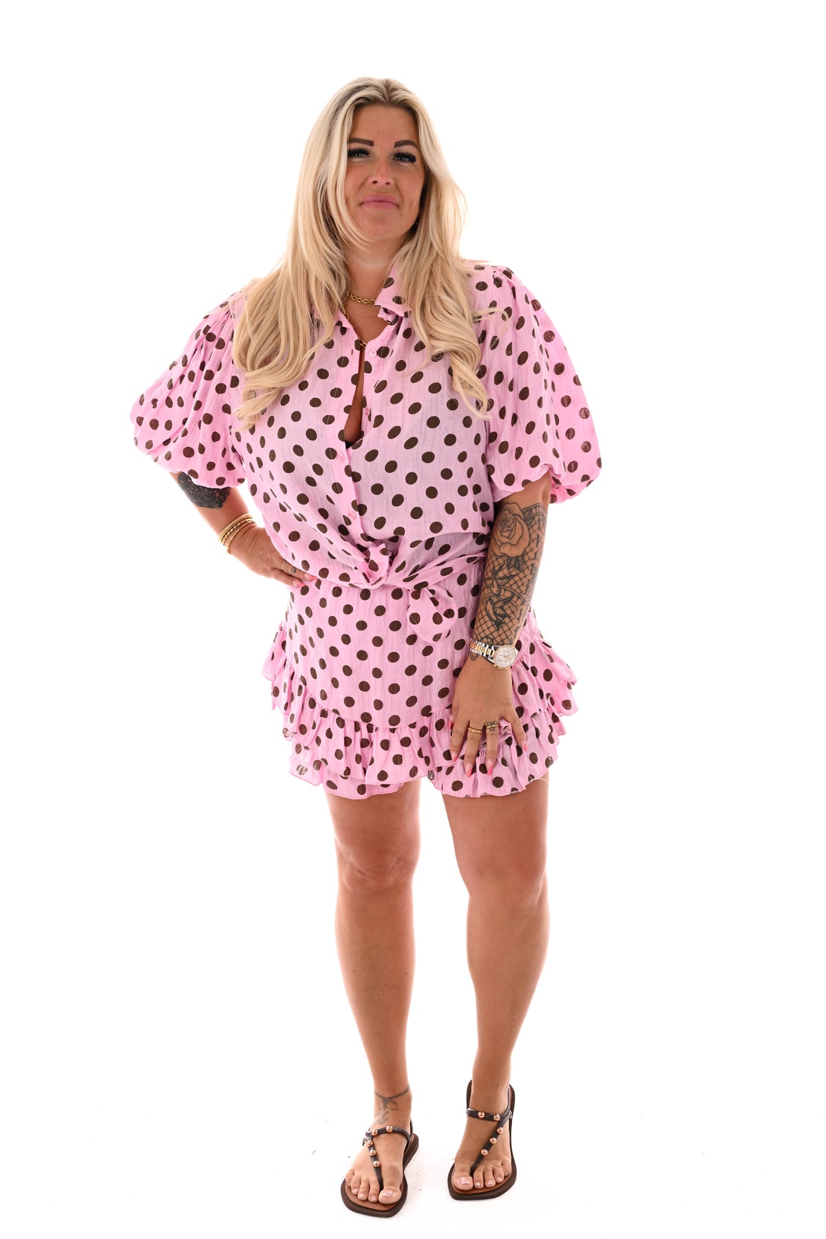 Twinset dots en roezelshort lichtroze