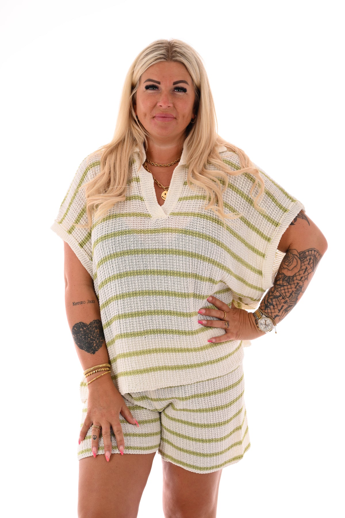 Twinset gehaakt met streep roomwit/pistache