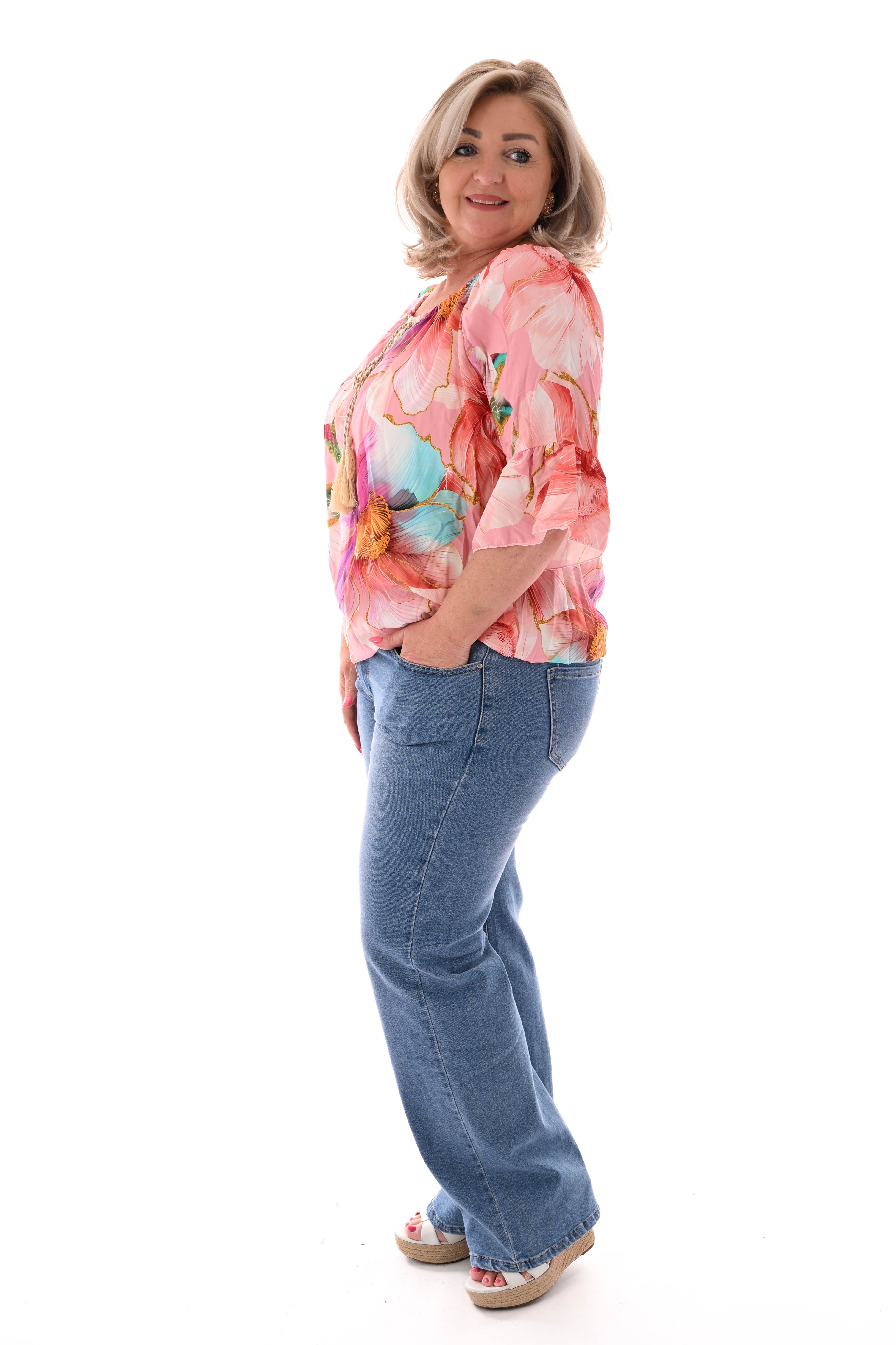 Blouse met bloemen en trompetmouwen lichtroze