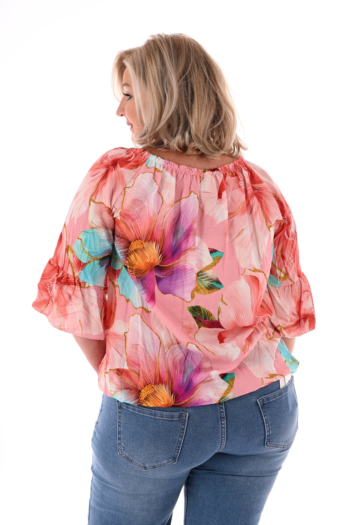 Blouse met bloemen en trompetmouwen lichtroze
