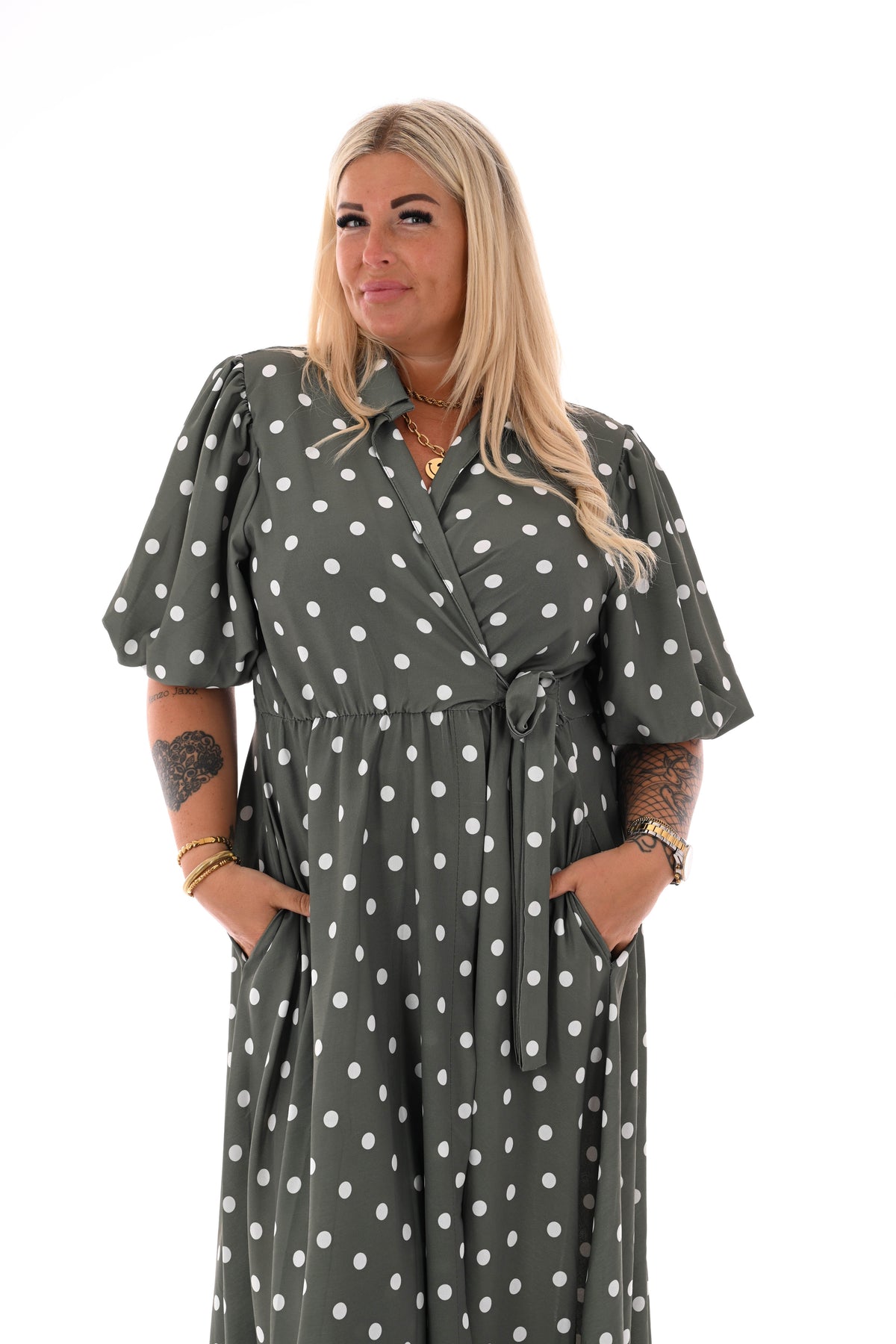 Maxi jurk overslag dots olijfgroen