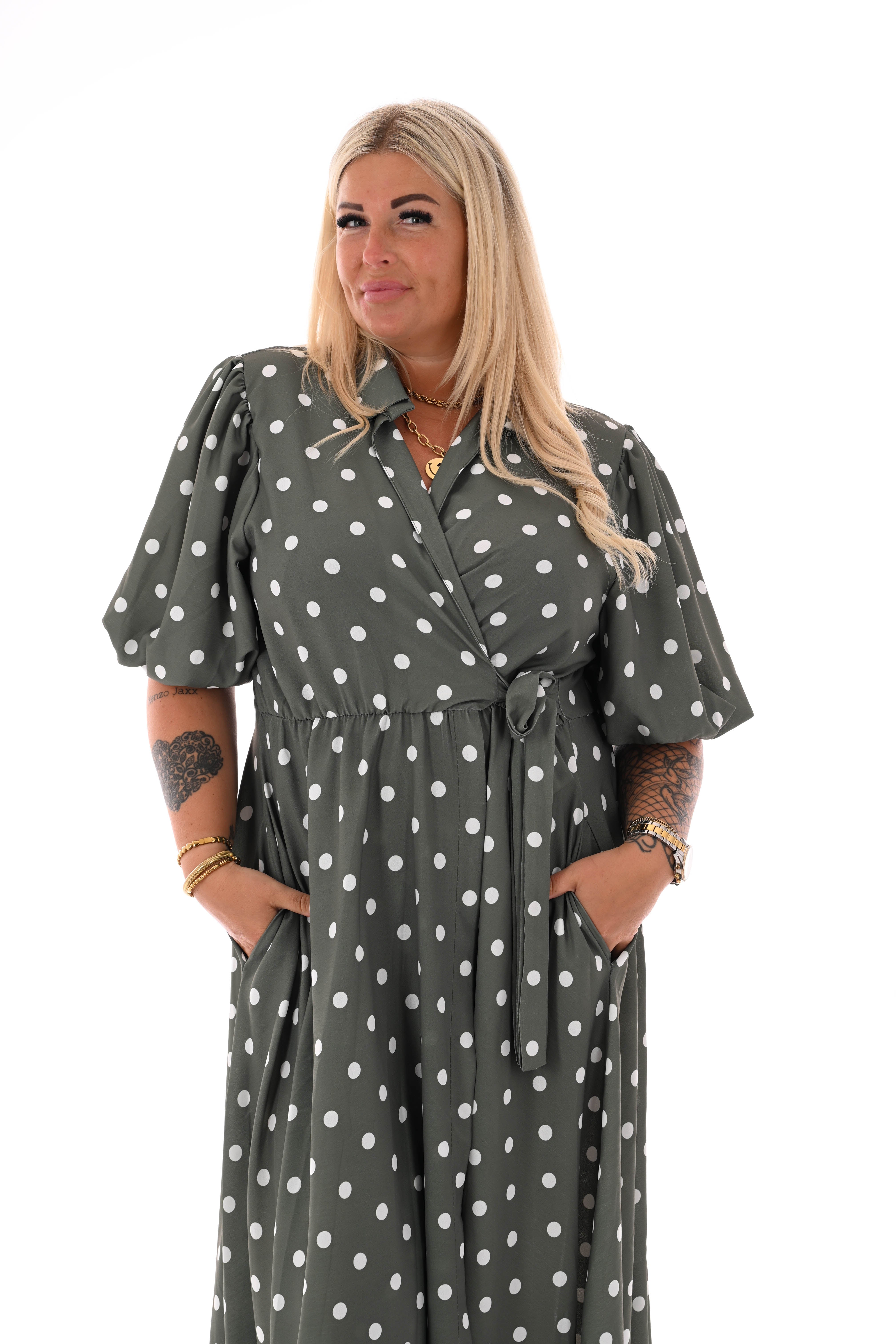 Maxi jurk overslag dots olijfgroen