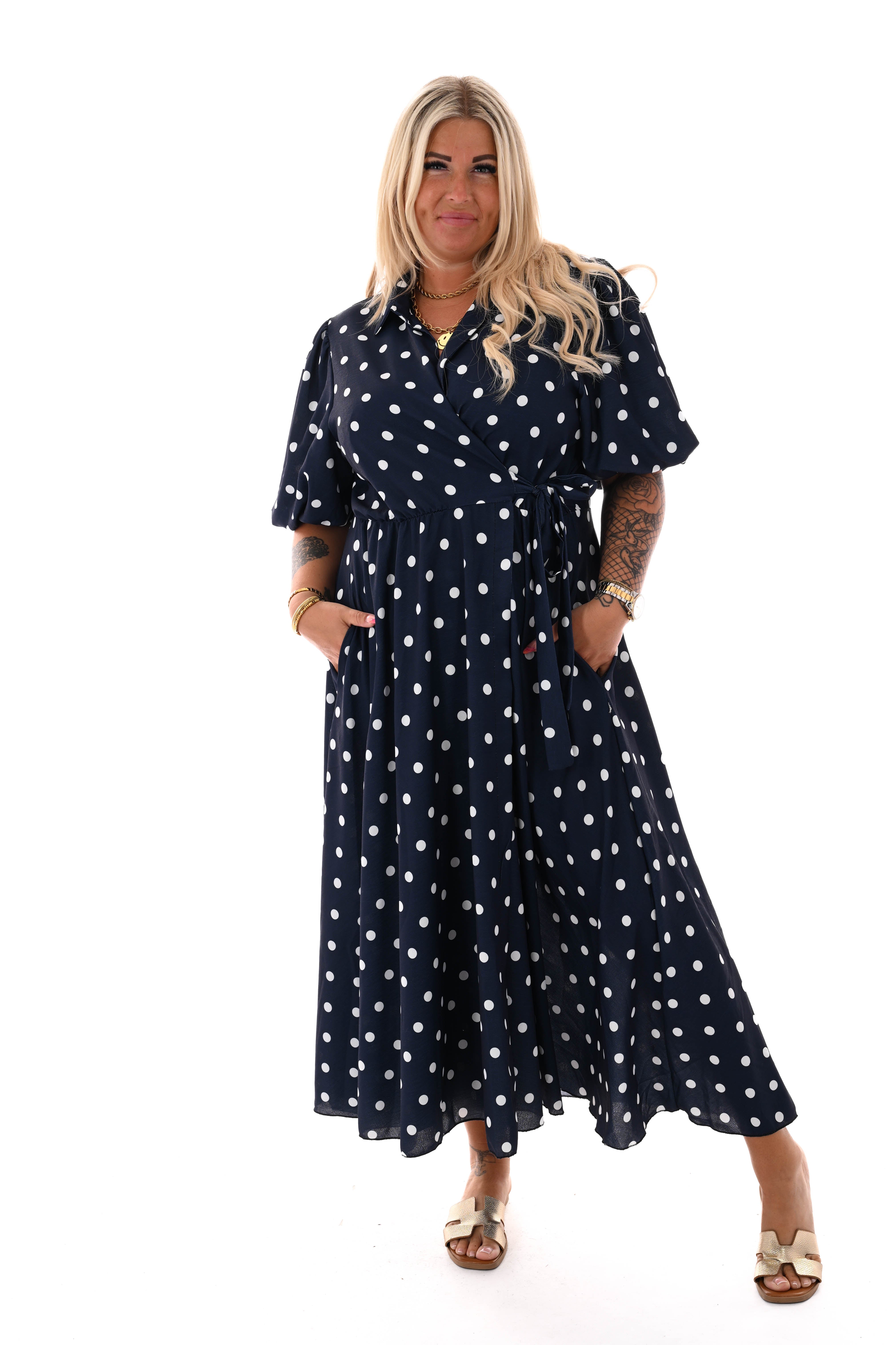 Maxi jurk overslag dots marineblauw