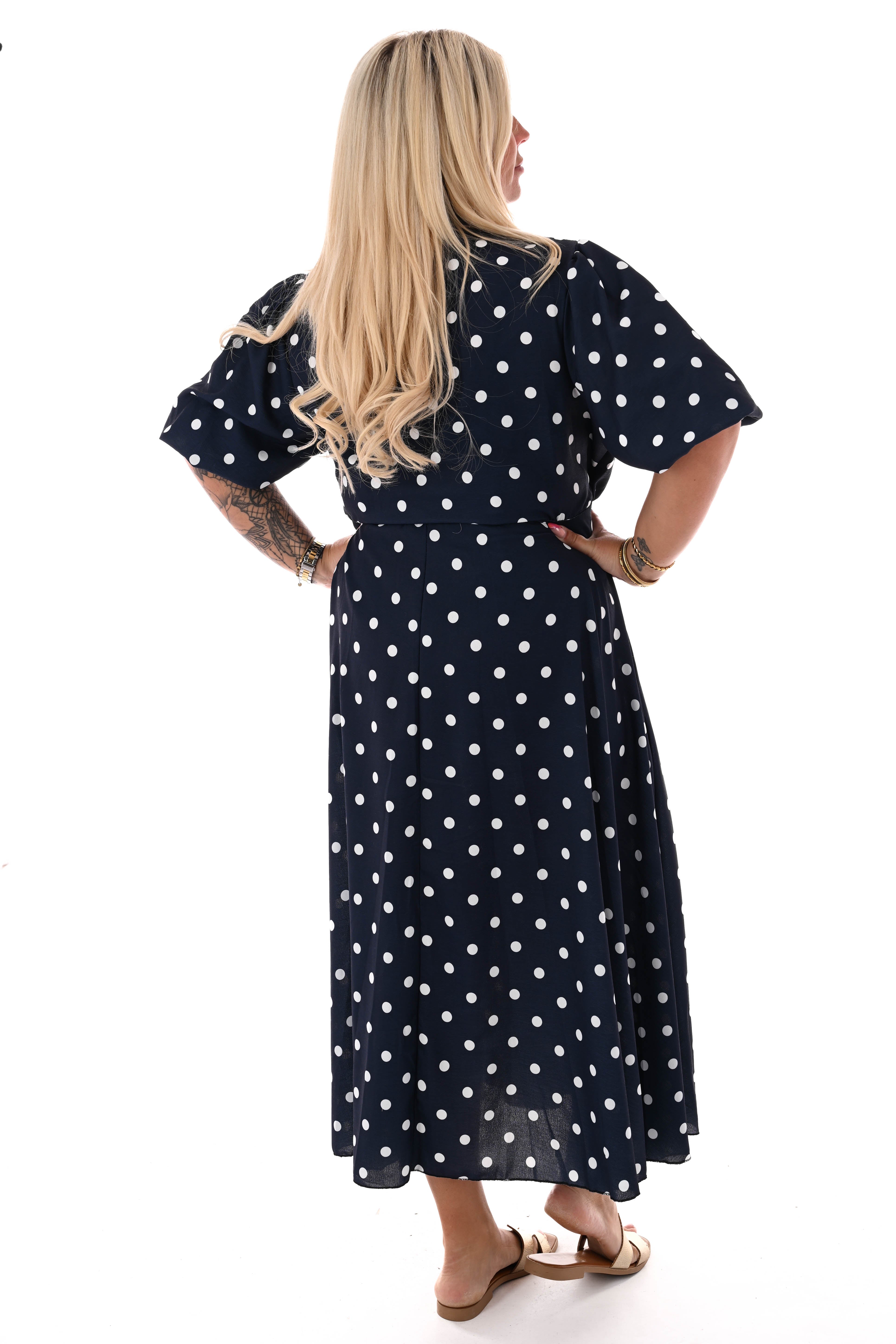 Maxi jurk overslag dots marineblauw