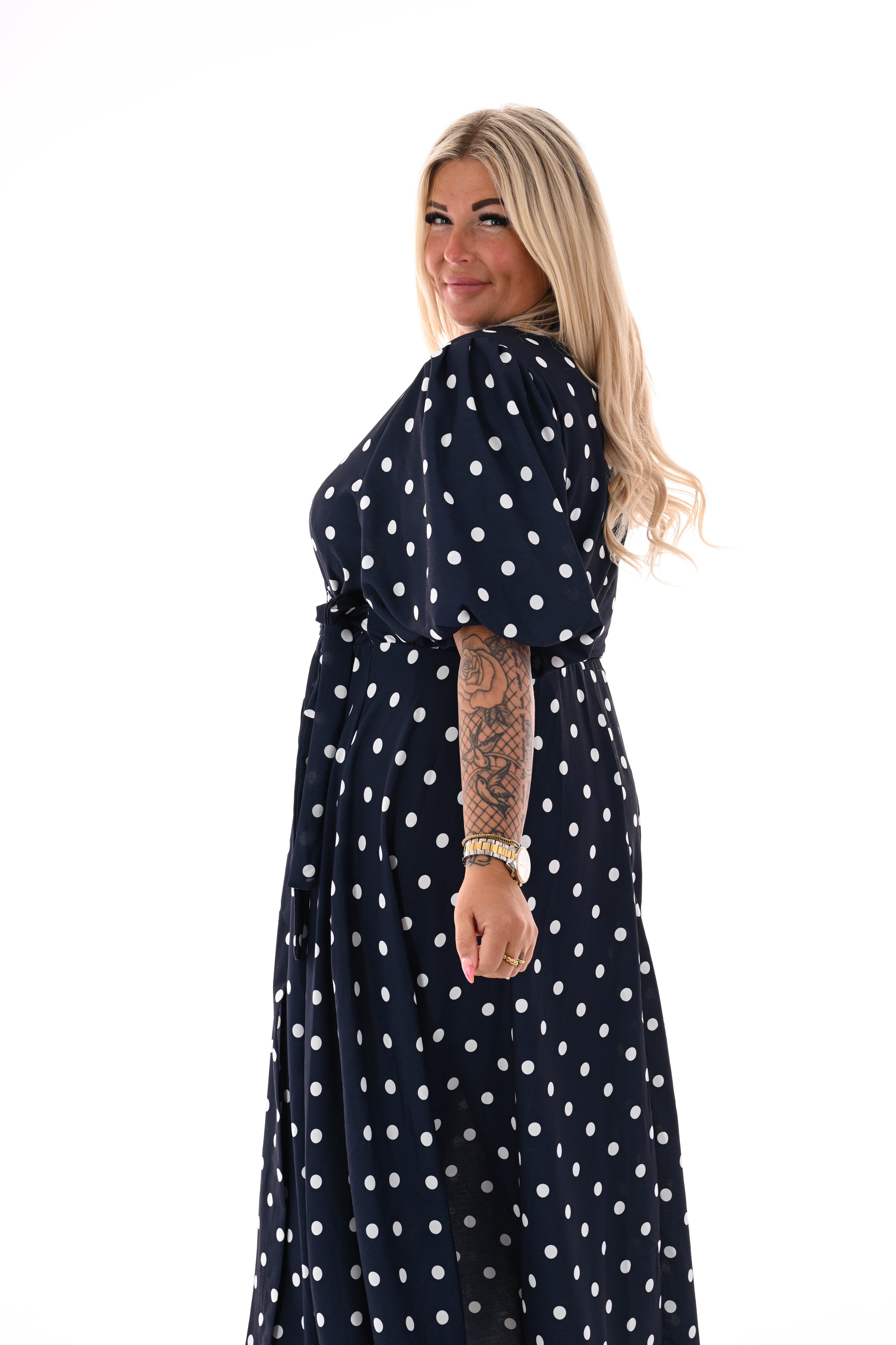 Maxi jurk overslag dots marineblauw