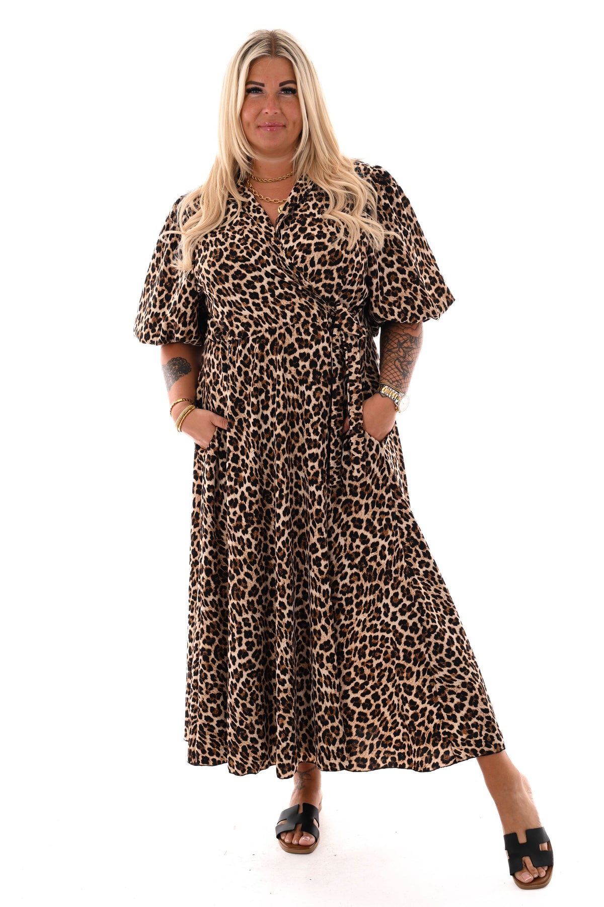 Maxi jurk overslag panterprint bruin