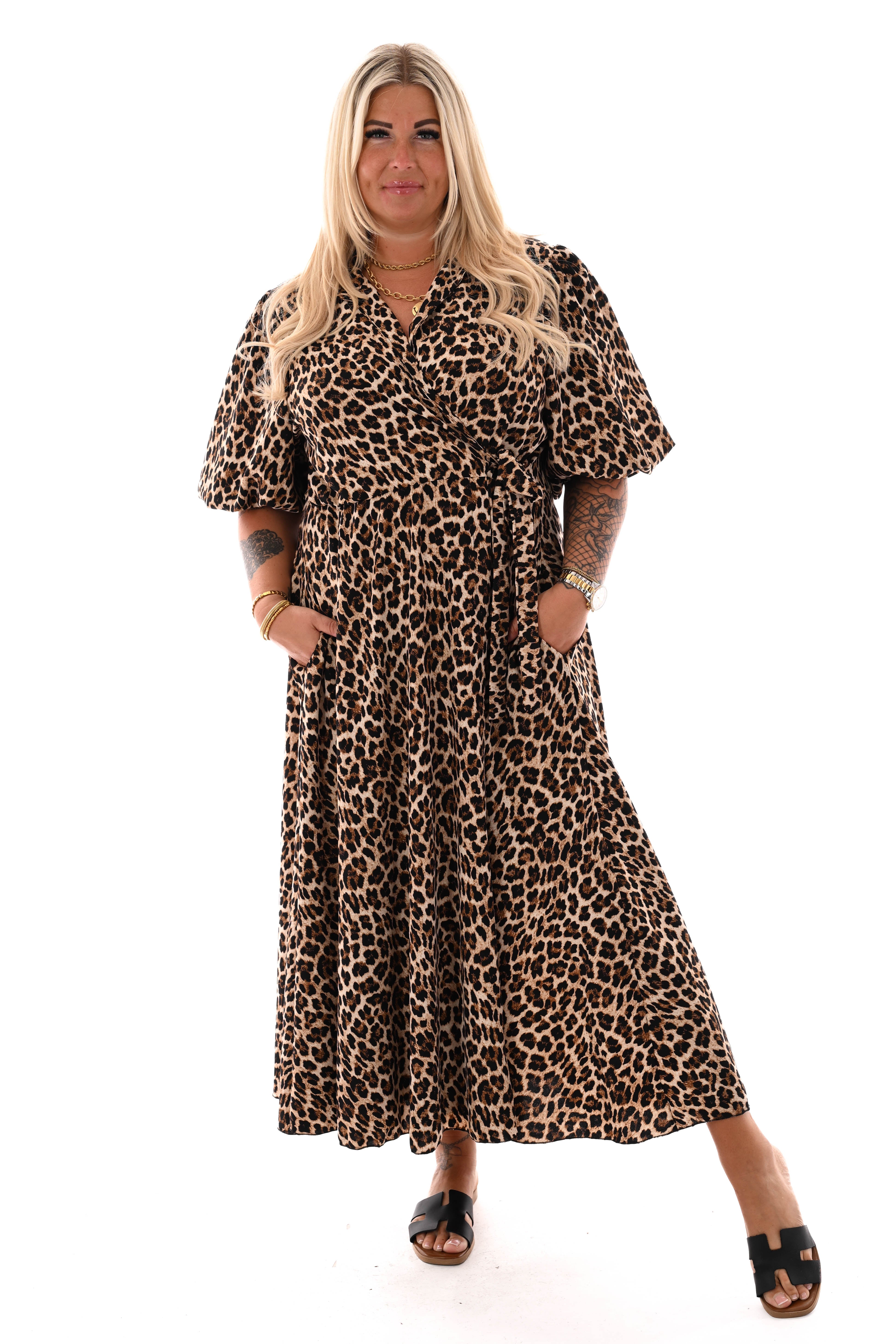 Maxi jurk overslag panterprint bruin