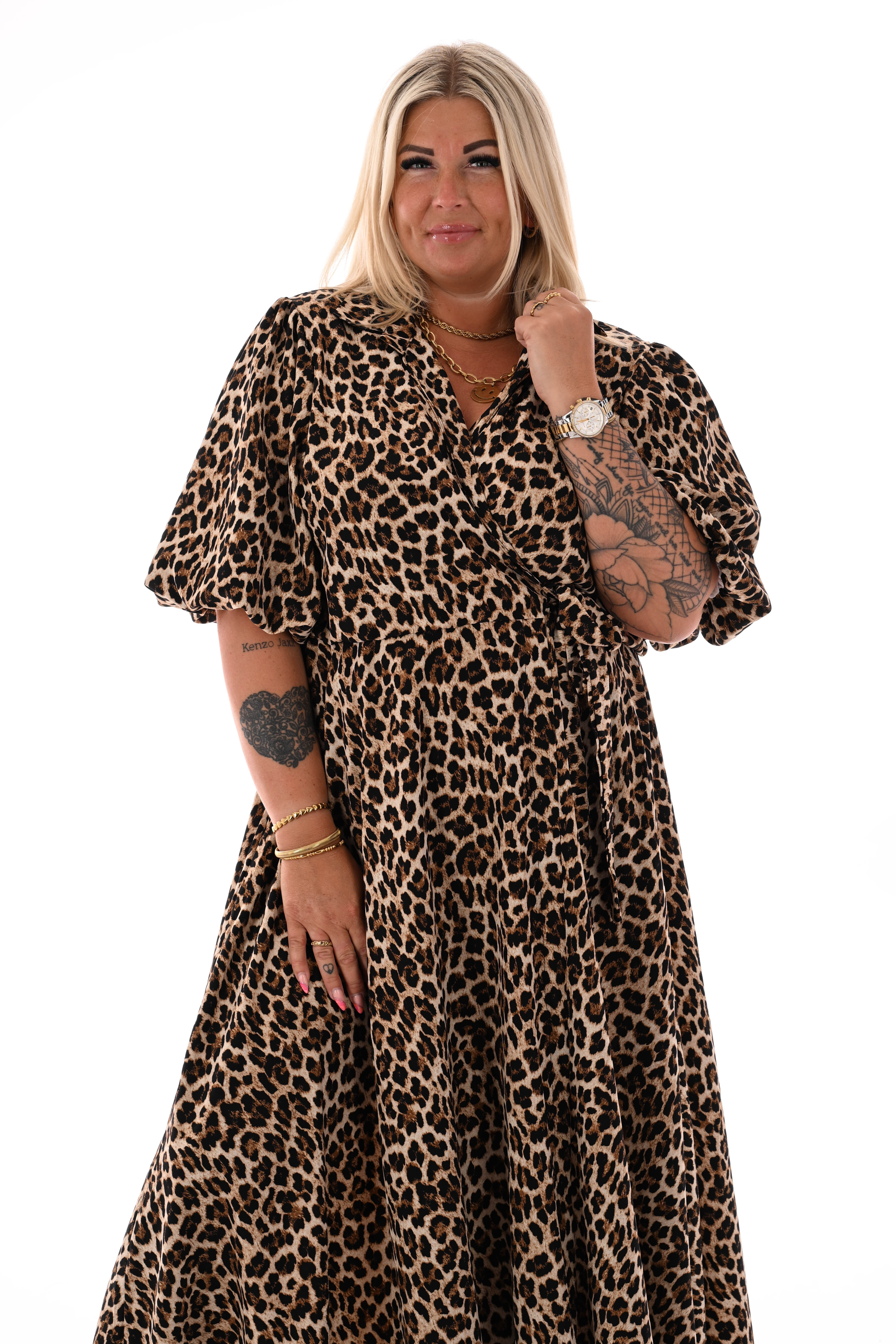 Maxi jurk overslag panterprint bruin