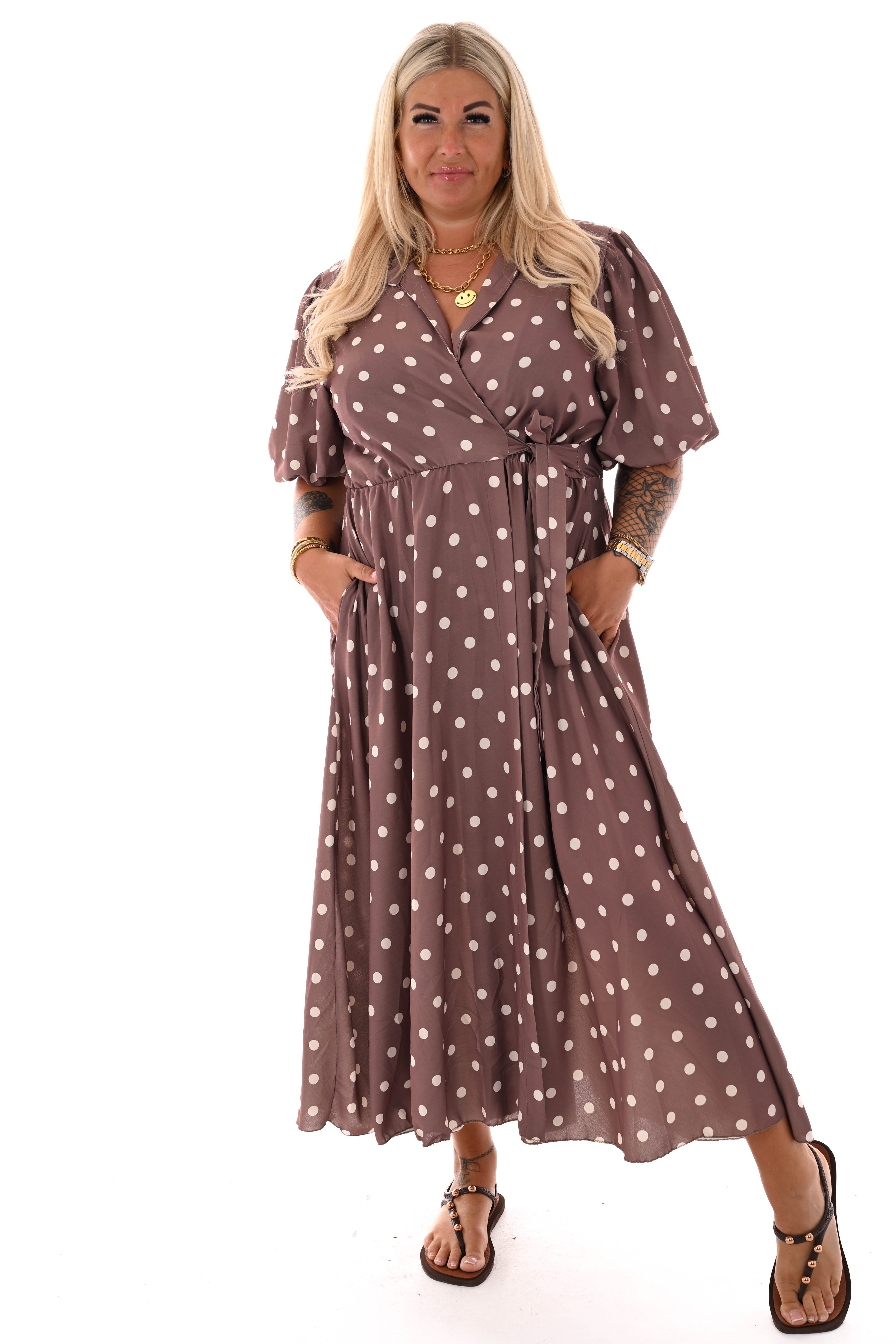 Maxi jurk overslag dots lichtbruin