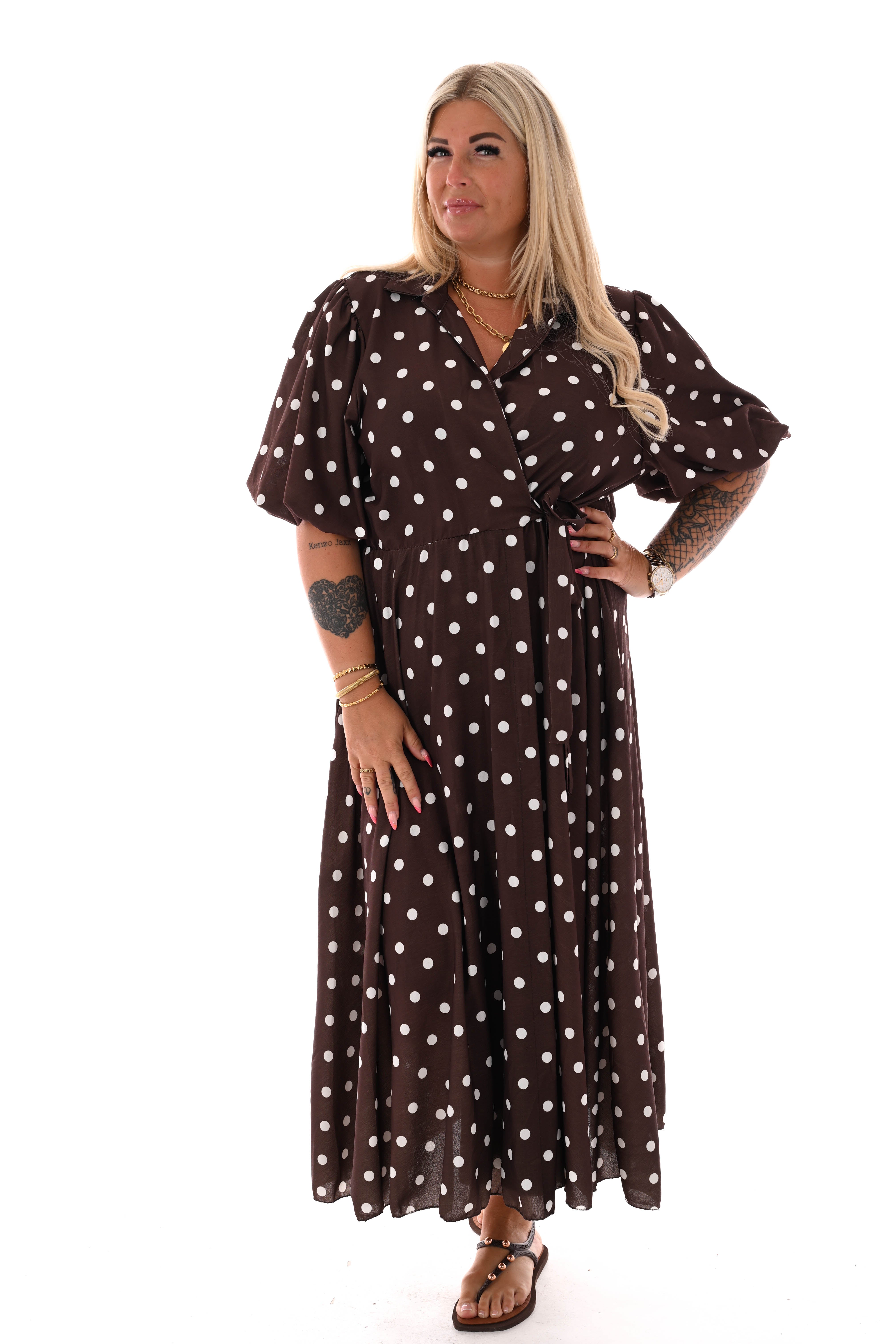 Maxi jurk overslag dots donkerbruin